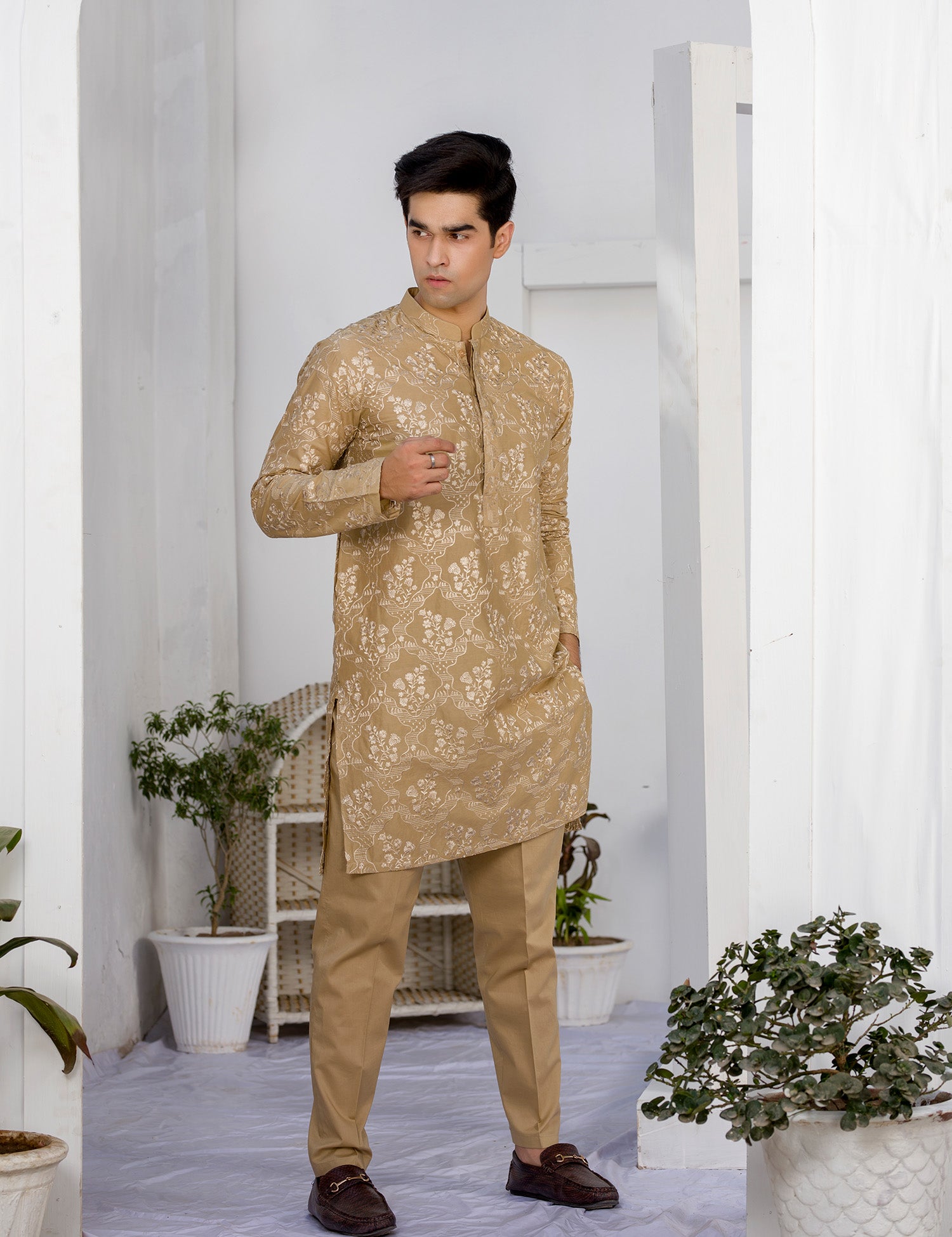 Camel Brown Embroidered Cotton Kurta Trouser (2-Piece) - Image 5