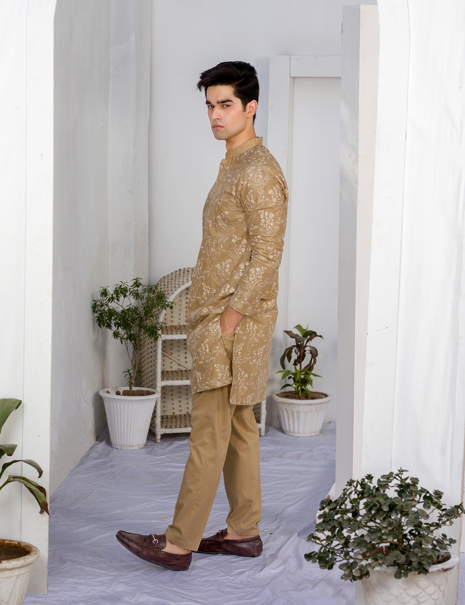Camel Brown Embroidered Cotton Kurta Trouser (2-Piece) - Image 6