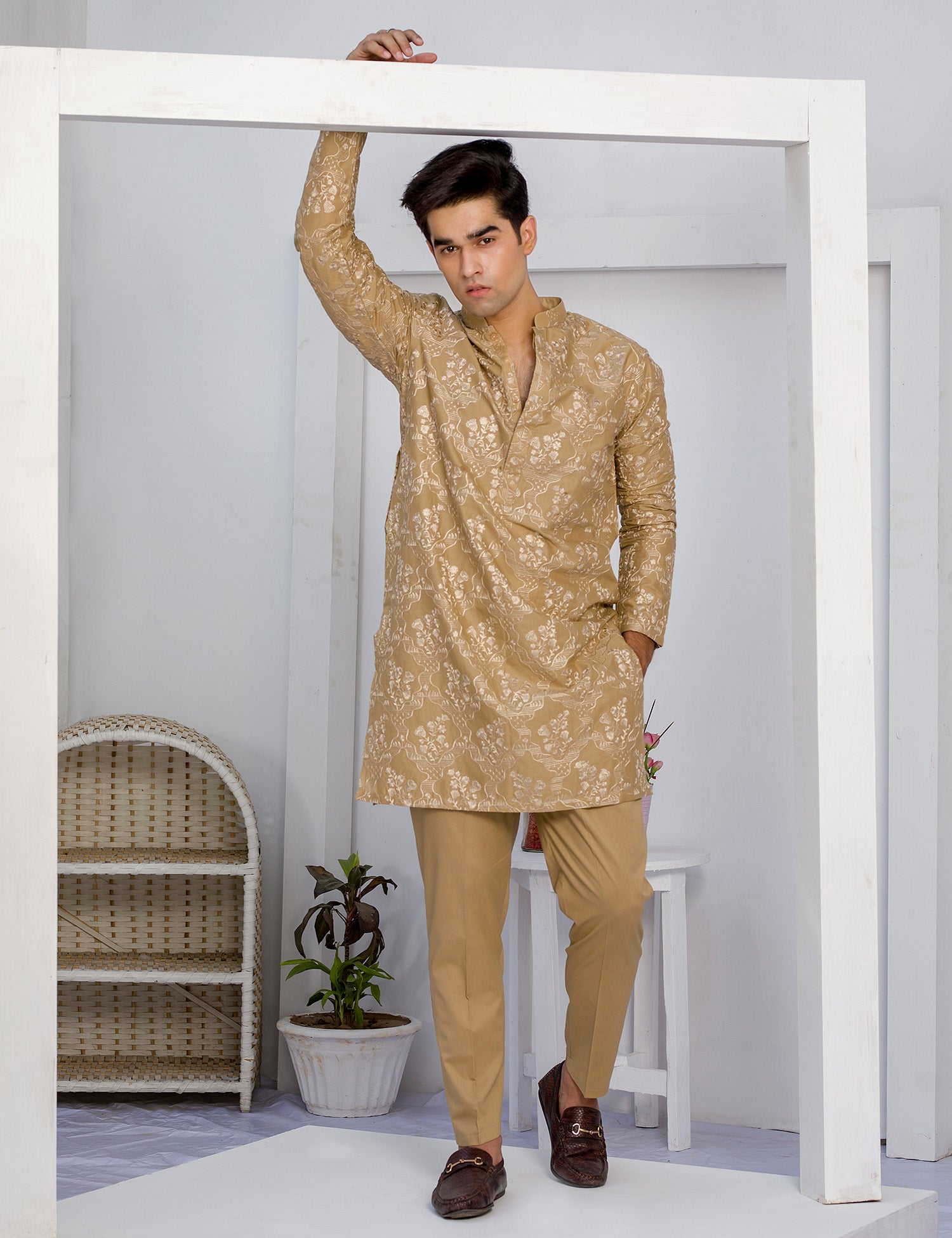 Camel Brown Embroidered Cotton Kurta Trouser (2-Piece) - Image 7