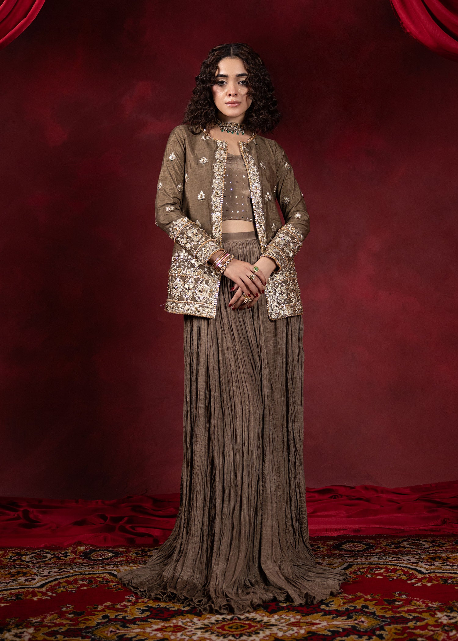 Pakistani Brown Embellished Silk Jacket & Skirt (3-Piece) - Image 1
