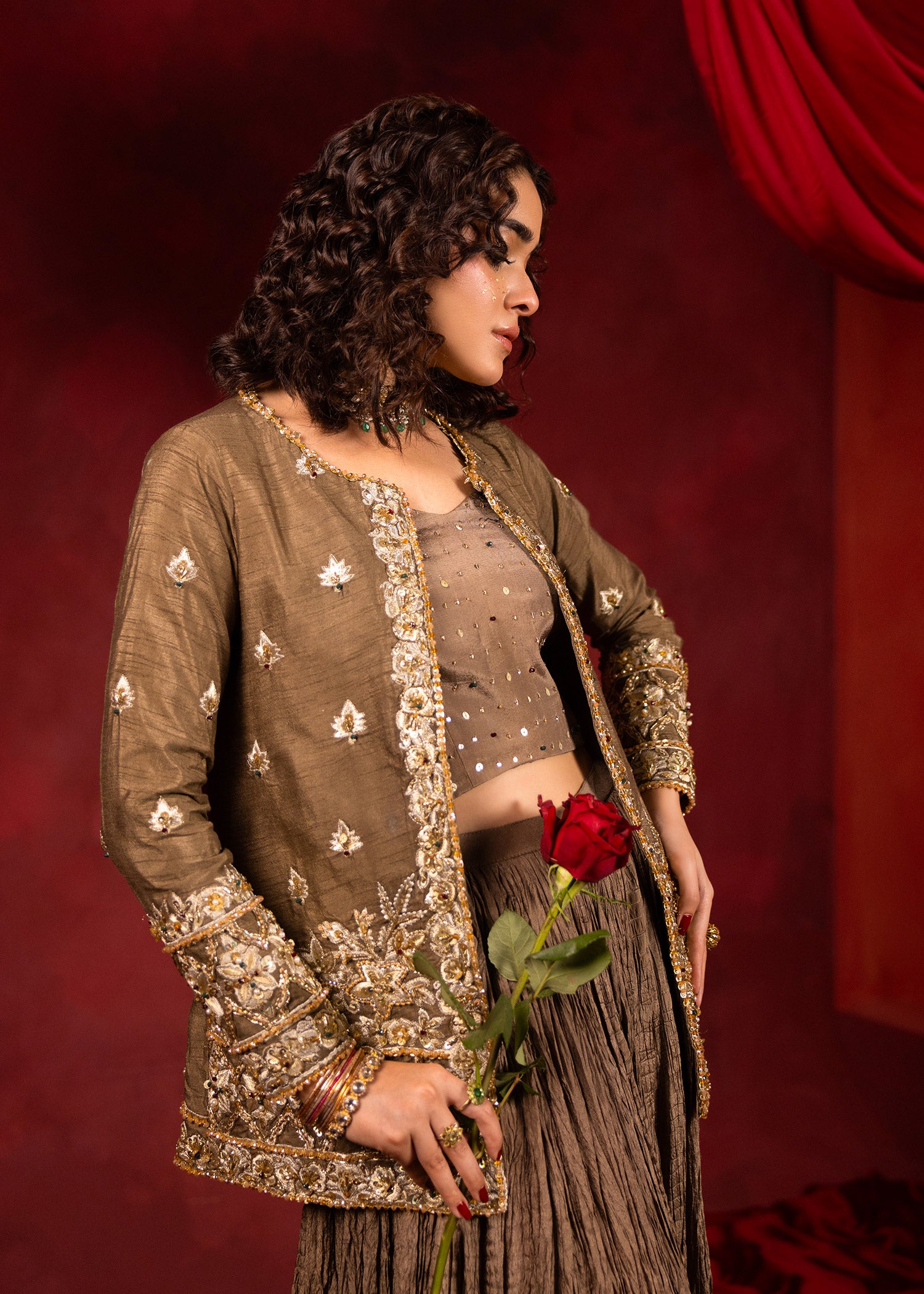 Pakistani Brown Embellished Silk Jacket & Skirt (3-Piece) - Image 2