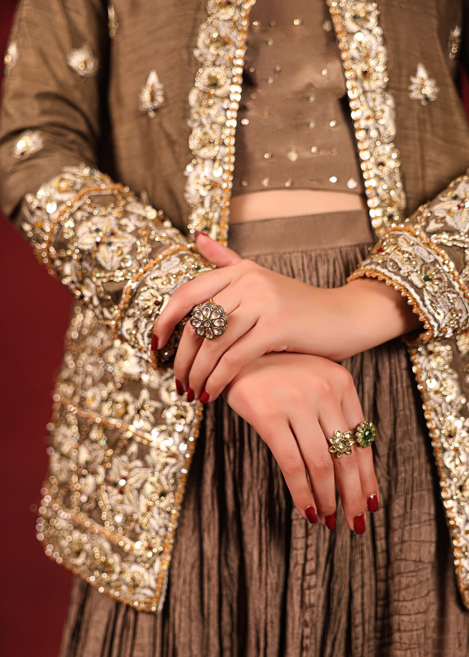 Pakistani Brown Embellished Silk Jacket & Skirt (3-Piece) - Image 3