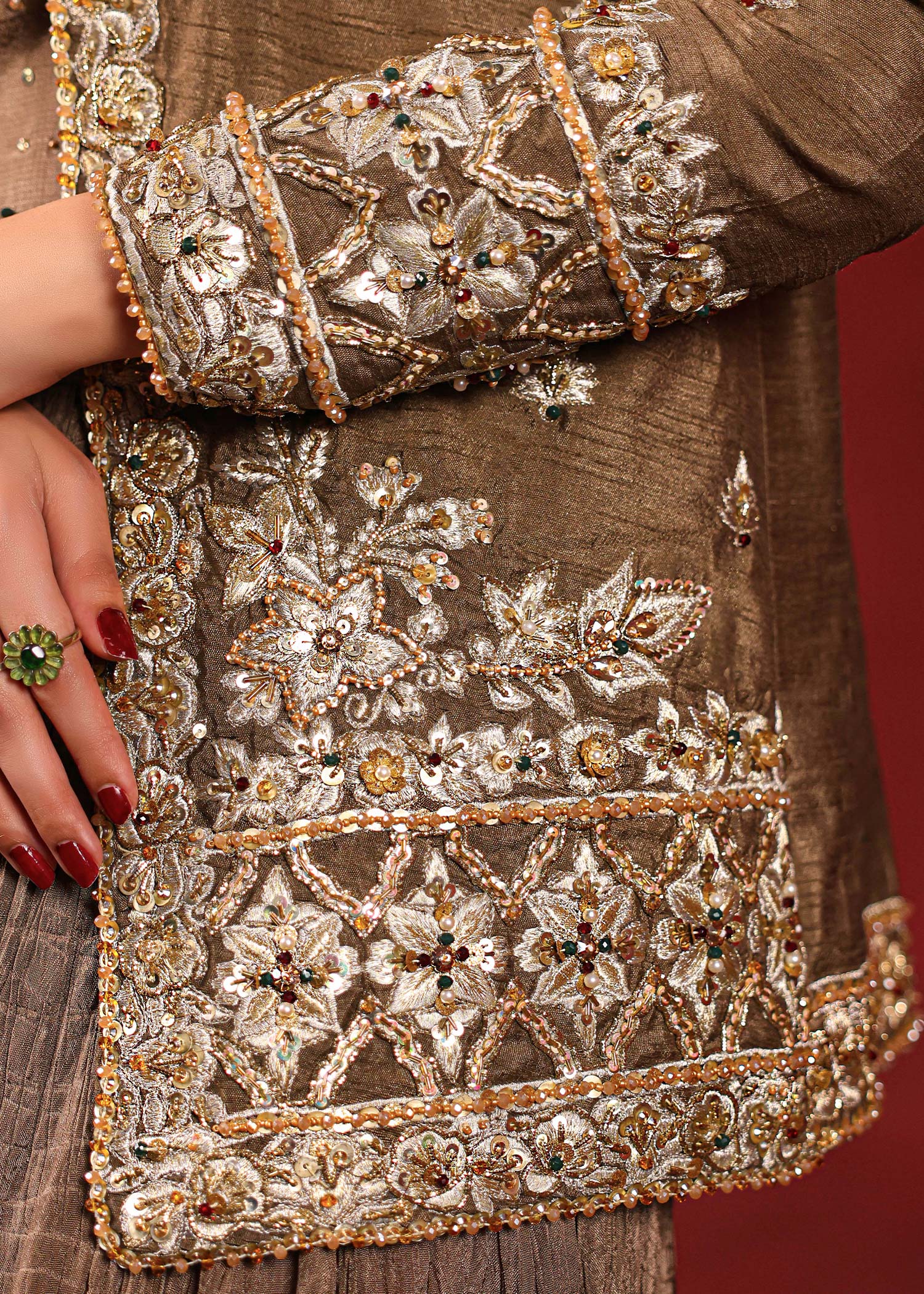 Pakistani Brown Embellished Silk Jacket & Skirt (3-Piece) - Image 4