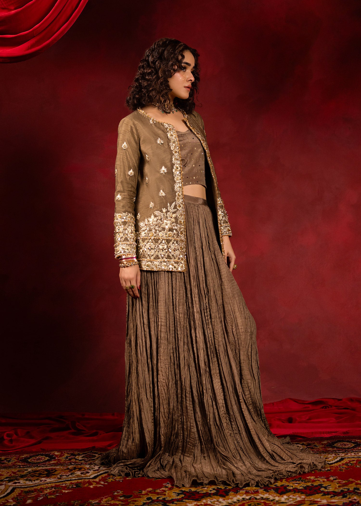 Pakistani Brown Embellished Silk Jacket & Skirt (3-Piece) - Image 6
