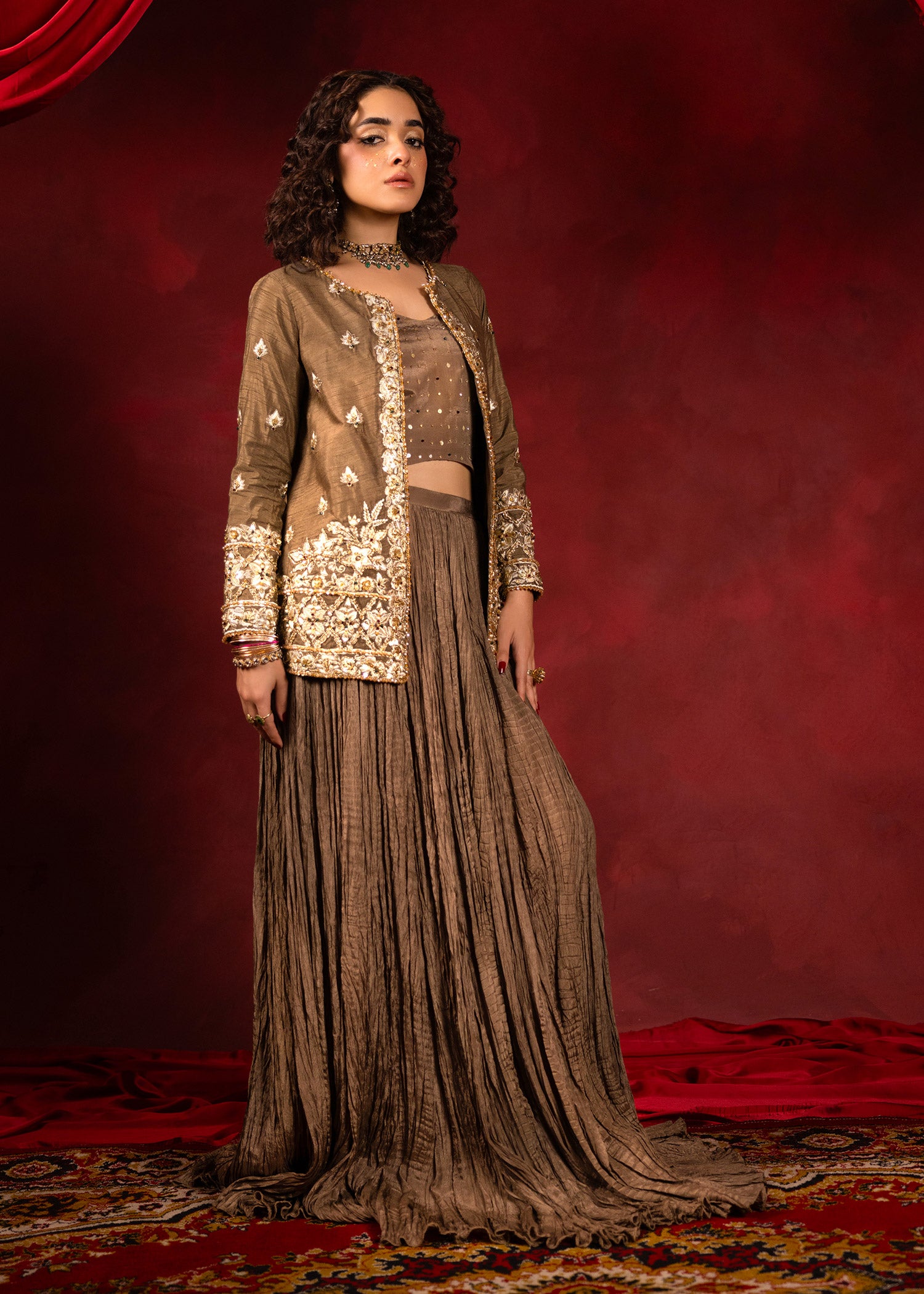 Pakistani Brown Embellished Silk Jacket & Skirt (3-Piece) - Image 7
