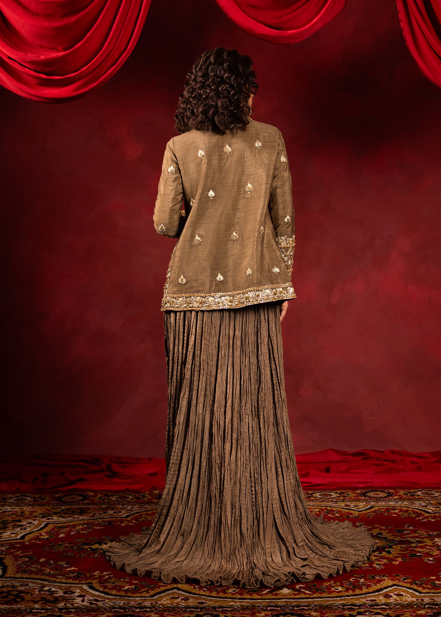 Pakistani Brown Embellished Silk Jacket & Skirt (3-Piece) - Image 8