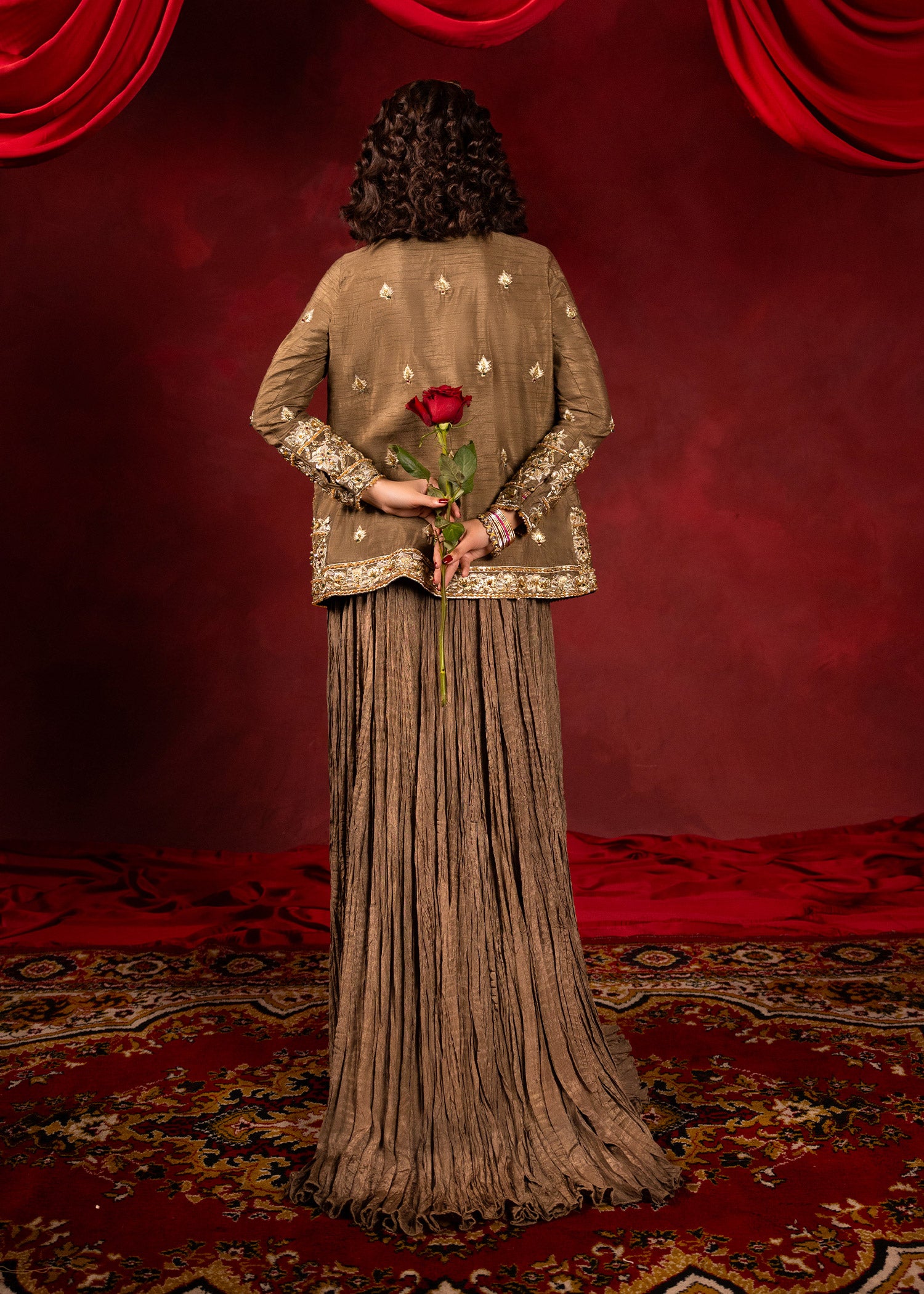 Pakistani Brown Embellished Silk Jacket & Skirt (3-Piece) - Image 9