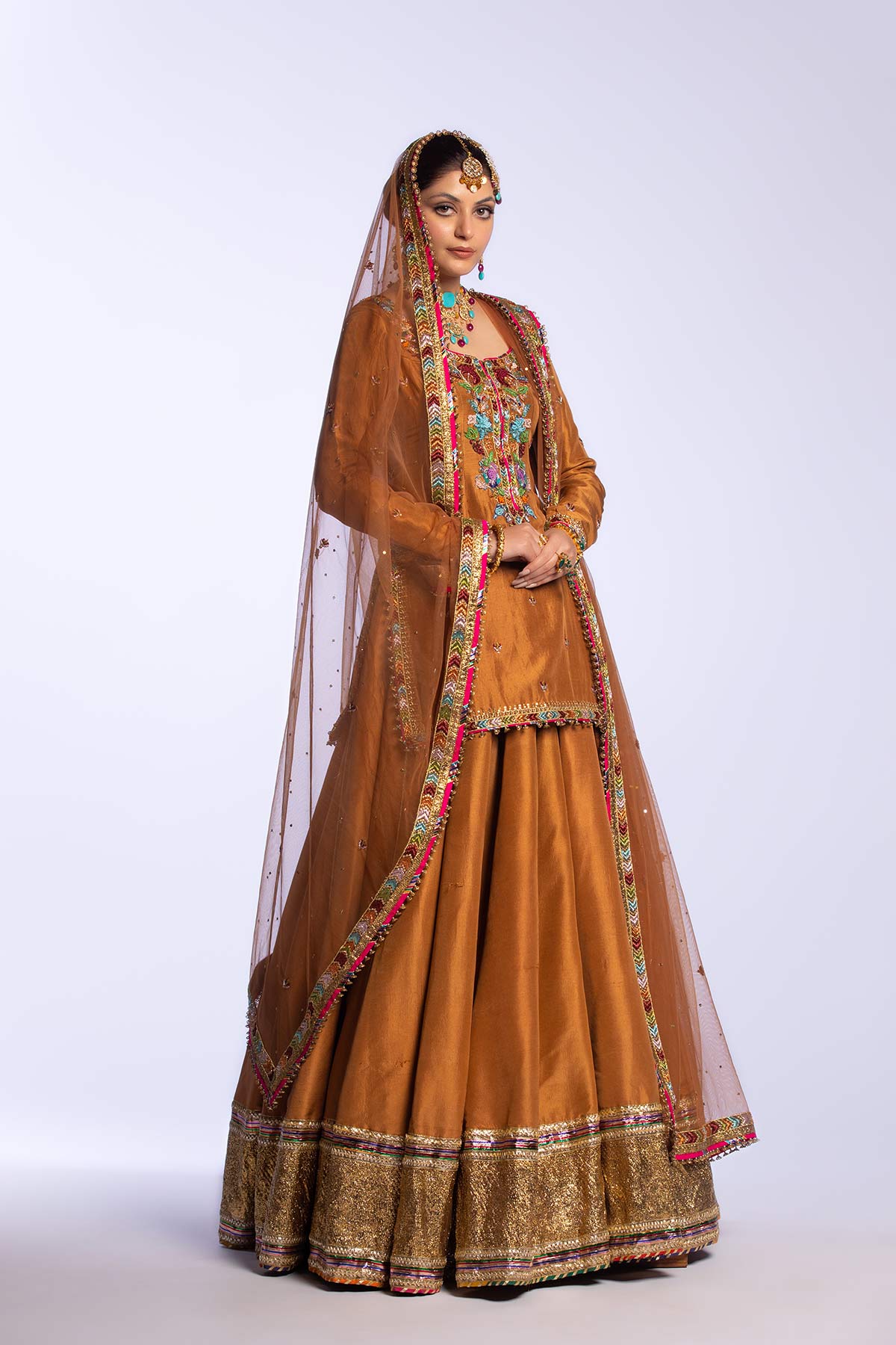 Pakistani Brown Embroidered Raw Silk Lehenga Set (3-Piece) - Image 5