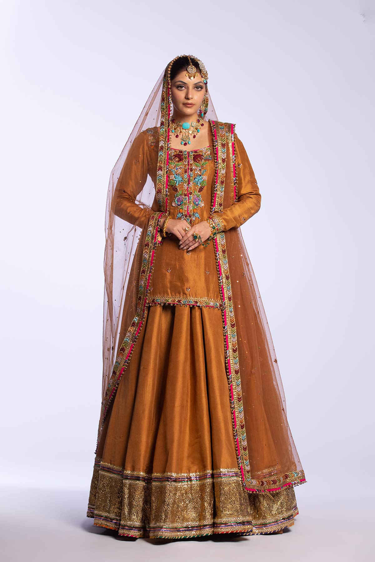 Pakistani Brown Embroidered Raw Silk Lehenga Set (3-Piece) - Image 6