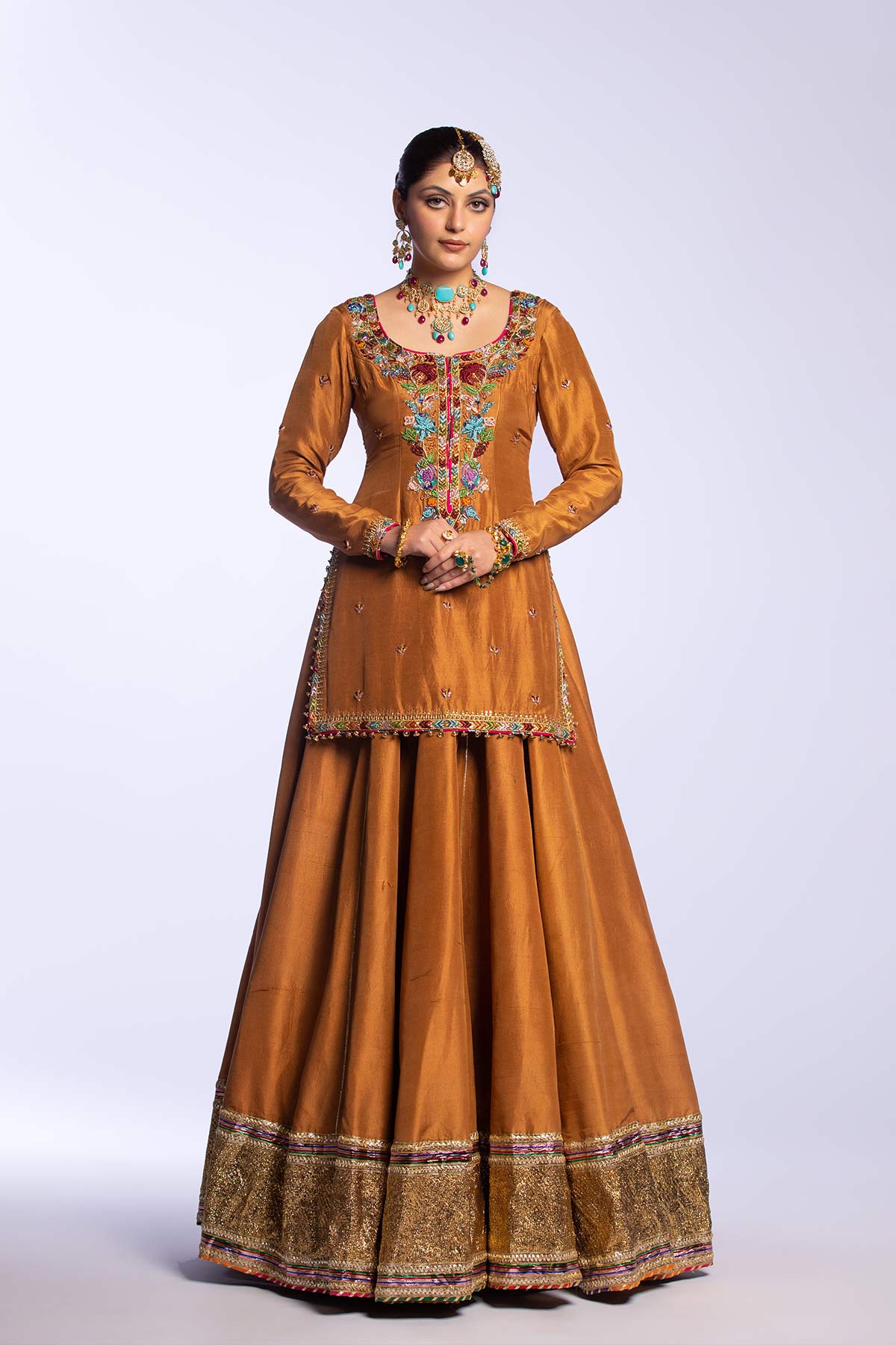 Pakistani Brown Embroidered Raw Silk Lehenga Set (3-Piece) - Image 9