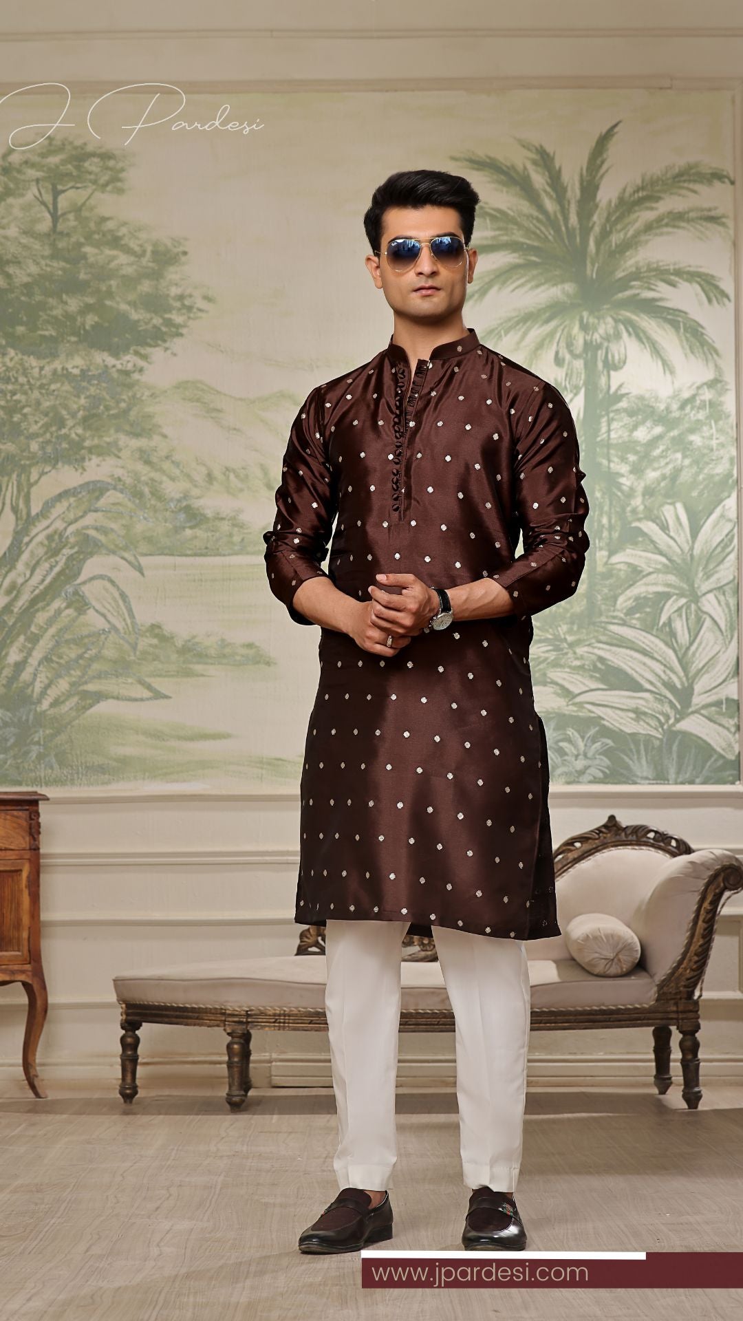 Chocolate Brown Banarsi Kurta with Gold Boti Embroidery (2-Piece) - Image 1
