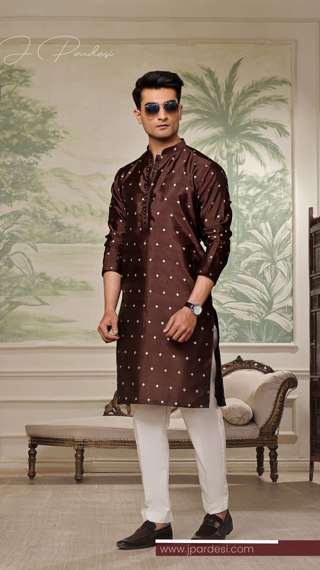 Chocolate Brown Banarsi Kurta with Gold Boti Embroidery (2-Piece) - Image 3