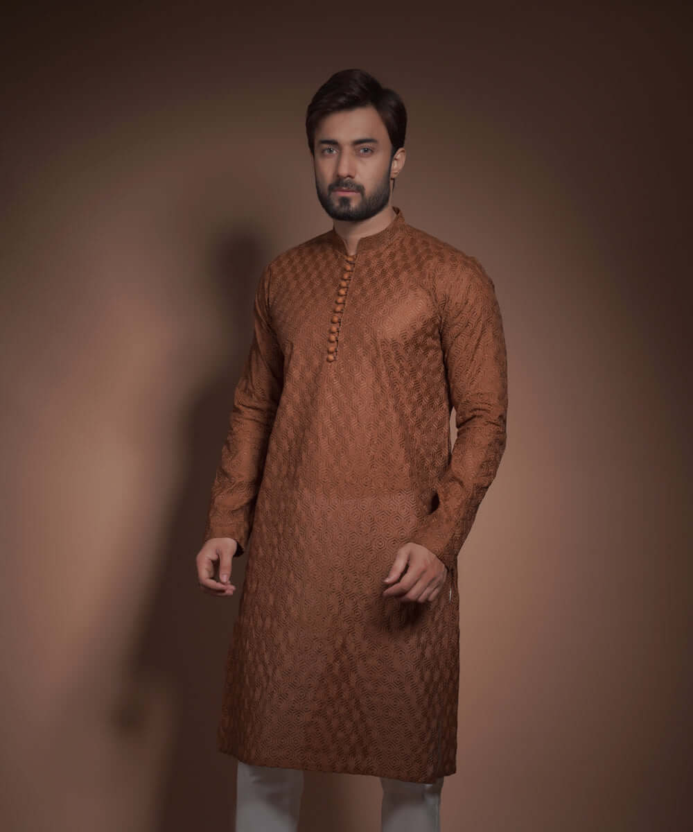 Burnt Sienna Chikankari Kurta Set (2-Piece) - Image 2