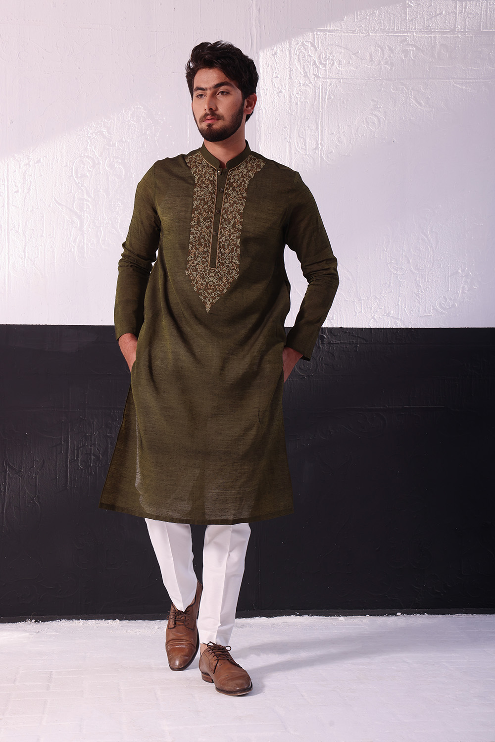 Mocha Brown Hand-Embroidered Cotton Kurta (2-Piece) - Image 1