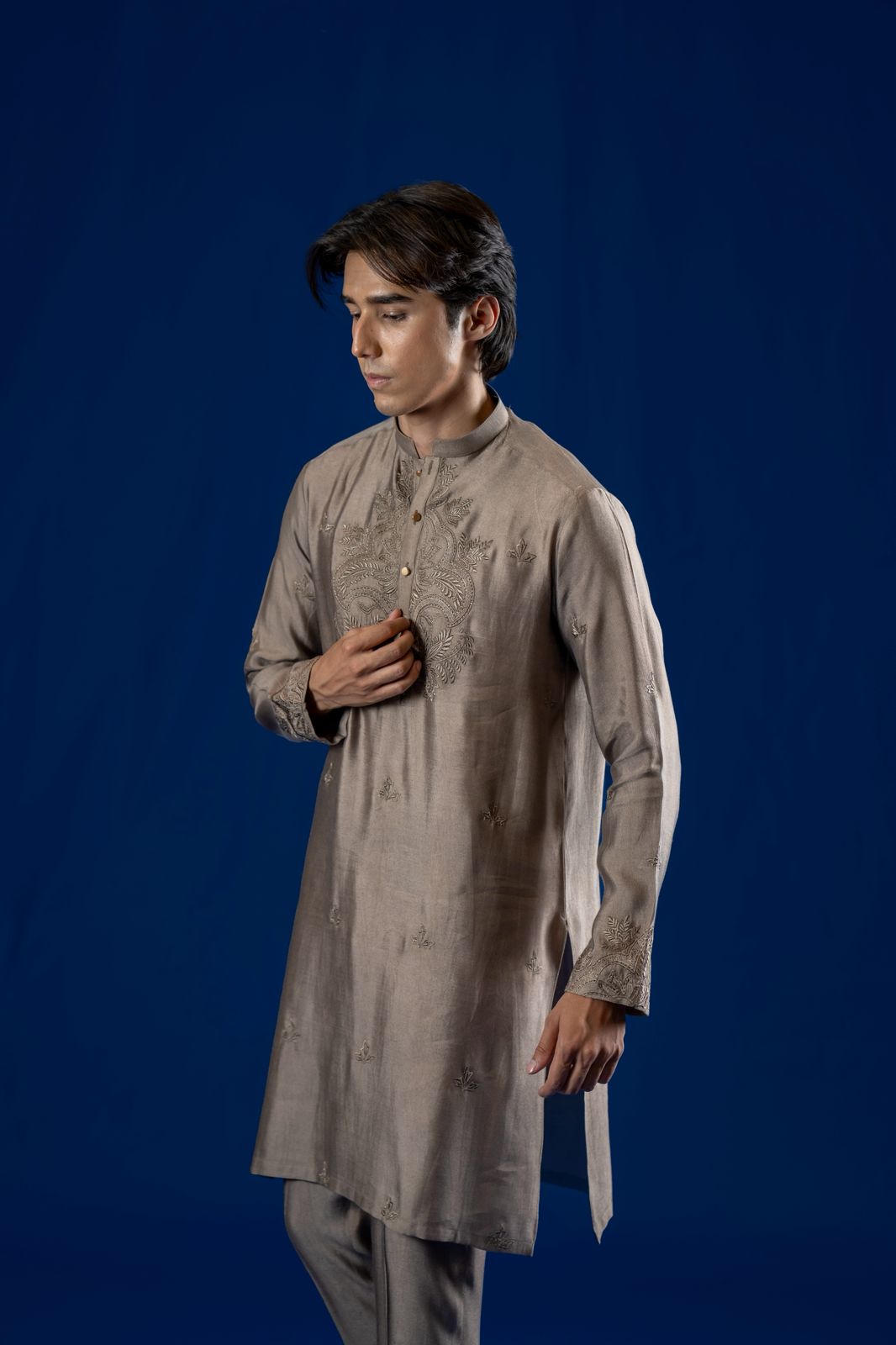 Taupe Embroidered Cotton Net Kurta Pajama (2-Piece) - Image 2