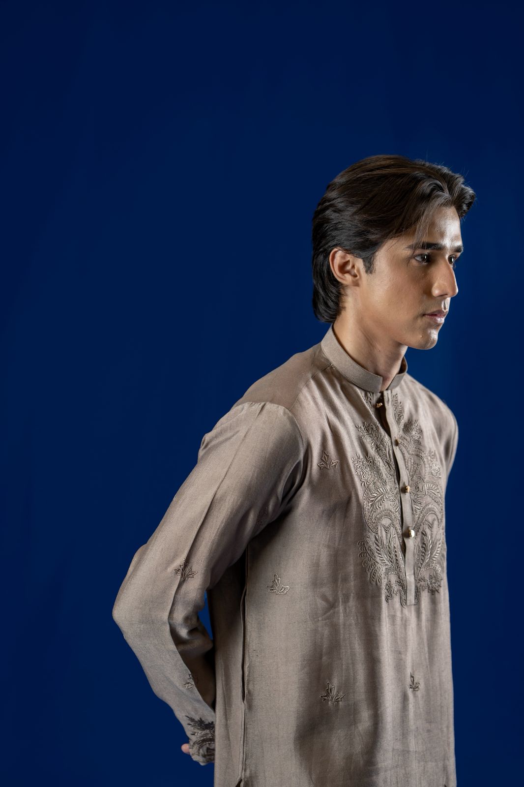 Taupe Embroidered Cotton Net Kurta Pajama (2-Piece) - Image 3