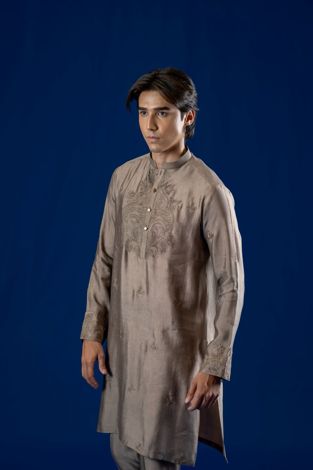 Taupe Embroidered Cotton Net Kurta Pajama (2-Piece) - Image 4