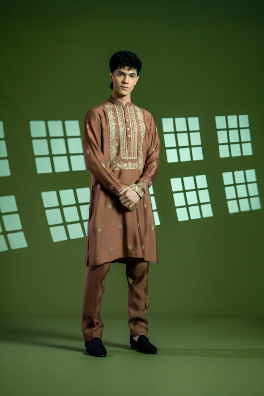 Brown Embroidered Cotton Net Kurta (2-Piece) - Image 1