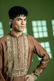 Brown Embroidered Cotton Net Kurta (2-Piece) - Image 2
