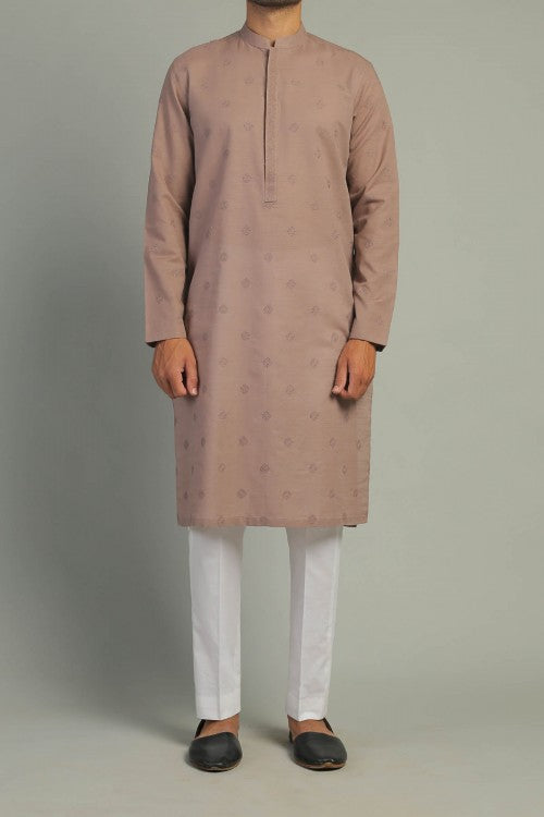 Brown Embroidered Egyptian Cotton Kurta (2-Piece) - Image 1
