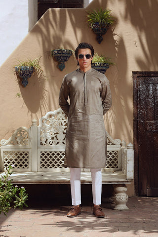 Light Brown Embroidered Egyptian Cotton Lawn Kurta (2-Piece) - Image 6