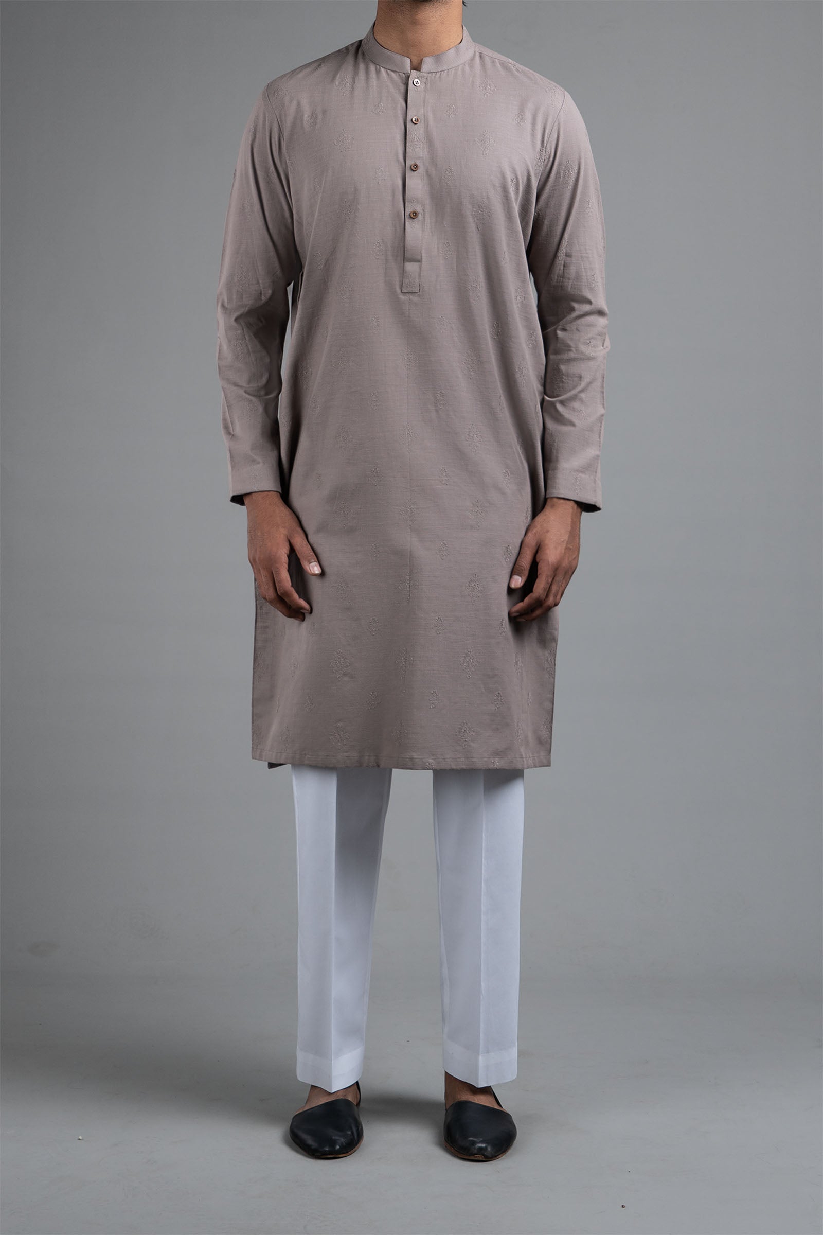 Brown Embroidered Egyptian Cotton Kurta (2-Piece) - Image 2