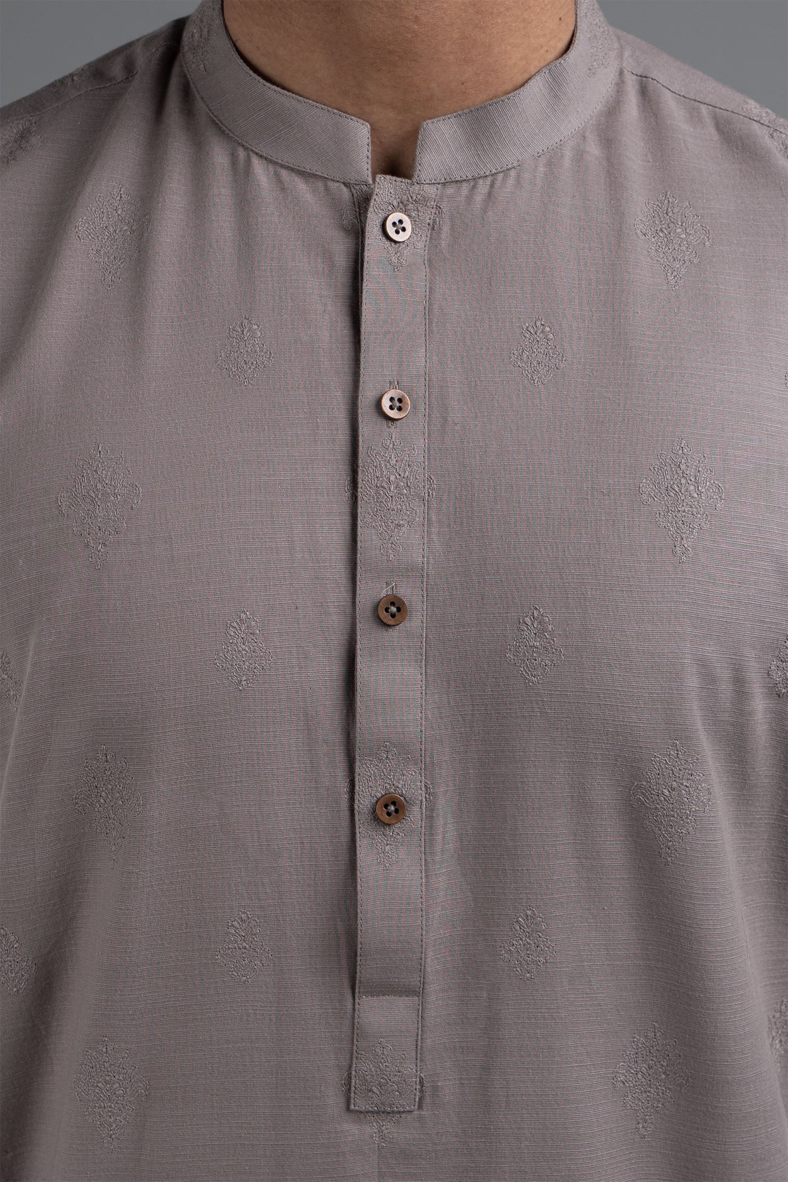 Brown Embroidered Egyptian Cotton Kurta (2-Piece) - Image 3