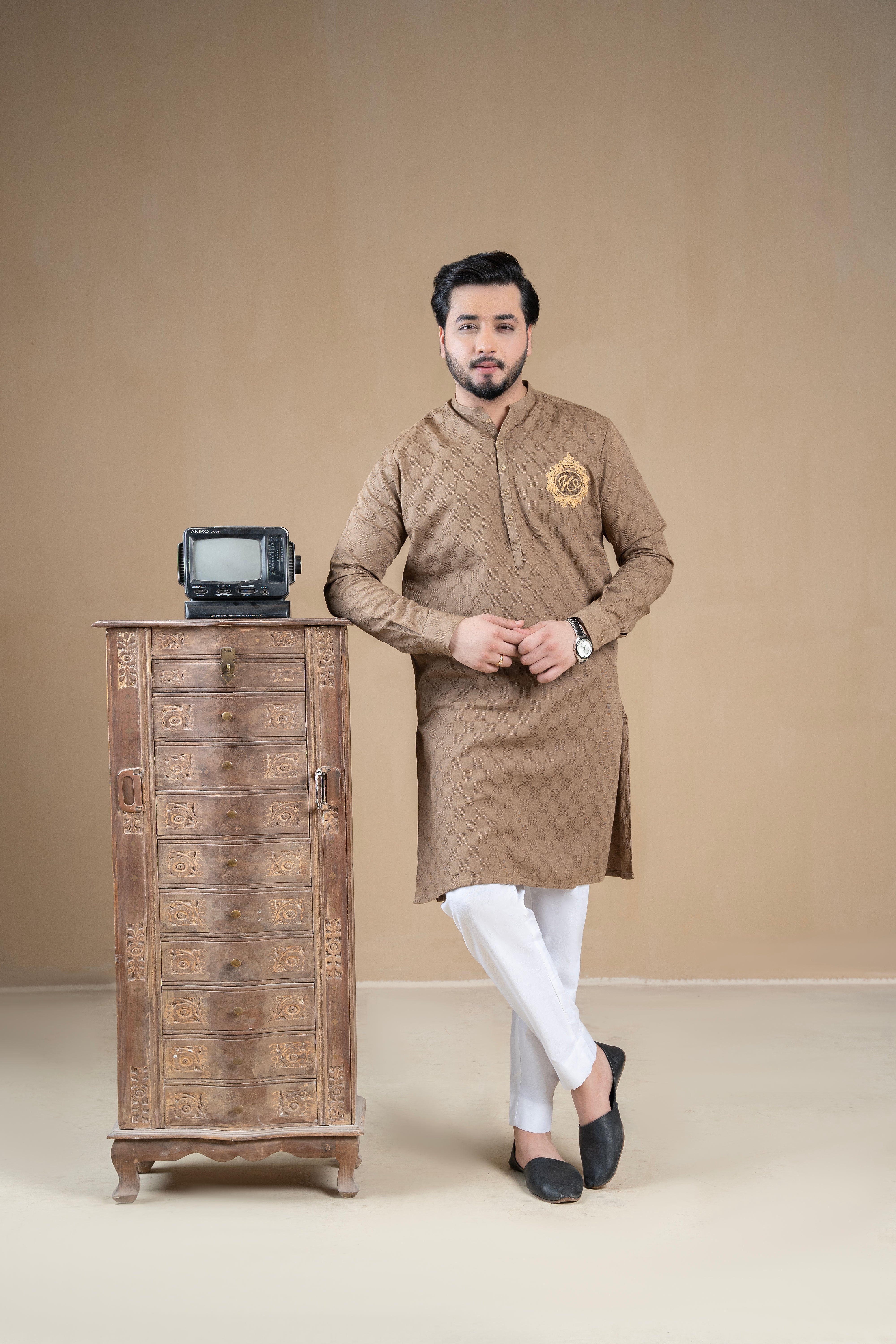 Sand Brown Embroidered Jacquard Kurta (2-Piece) - Image 1