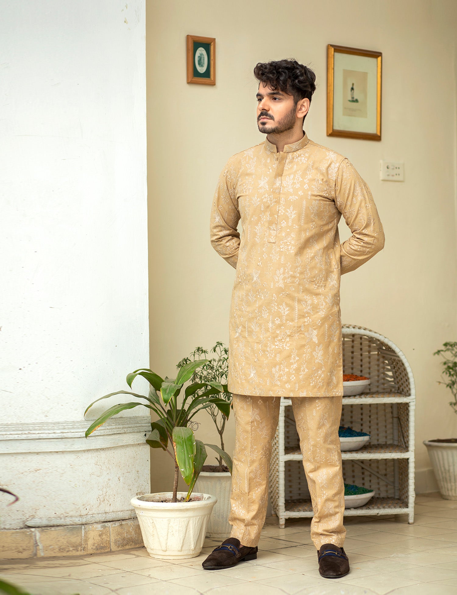 Camel Brown Embroidered Karandi Kurta (2-Piece) - Image 1