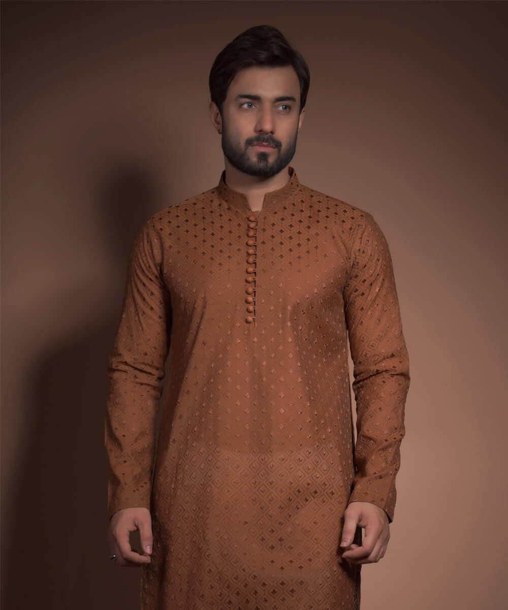 Burnt Sienna Chikankari Woven Kurta (2-Piece) - Image 3
