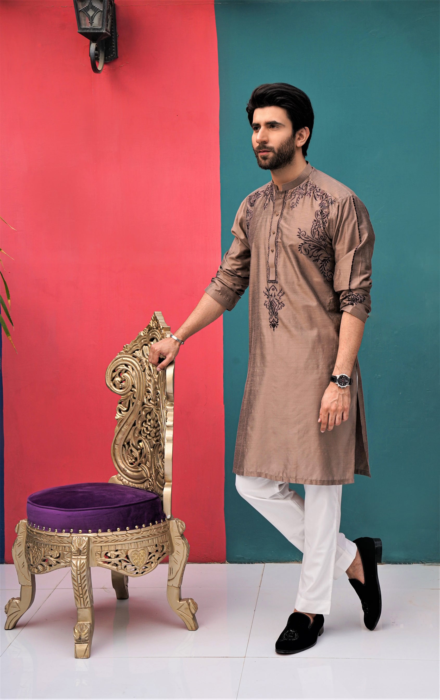 Metallic Brown Embroidered Raw Silk Kurta Pajama (2-Piece) - Image 1