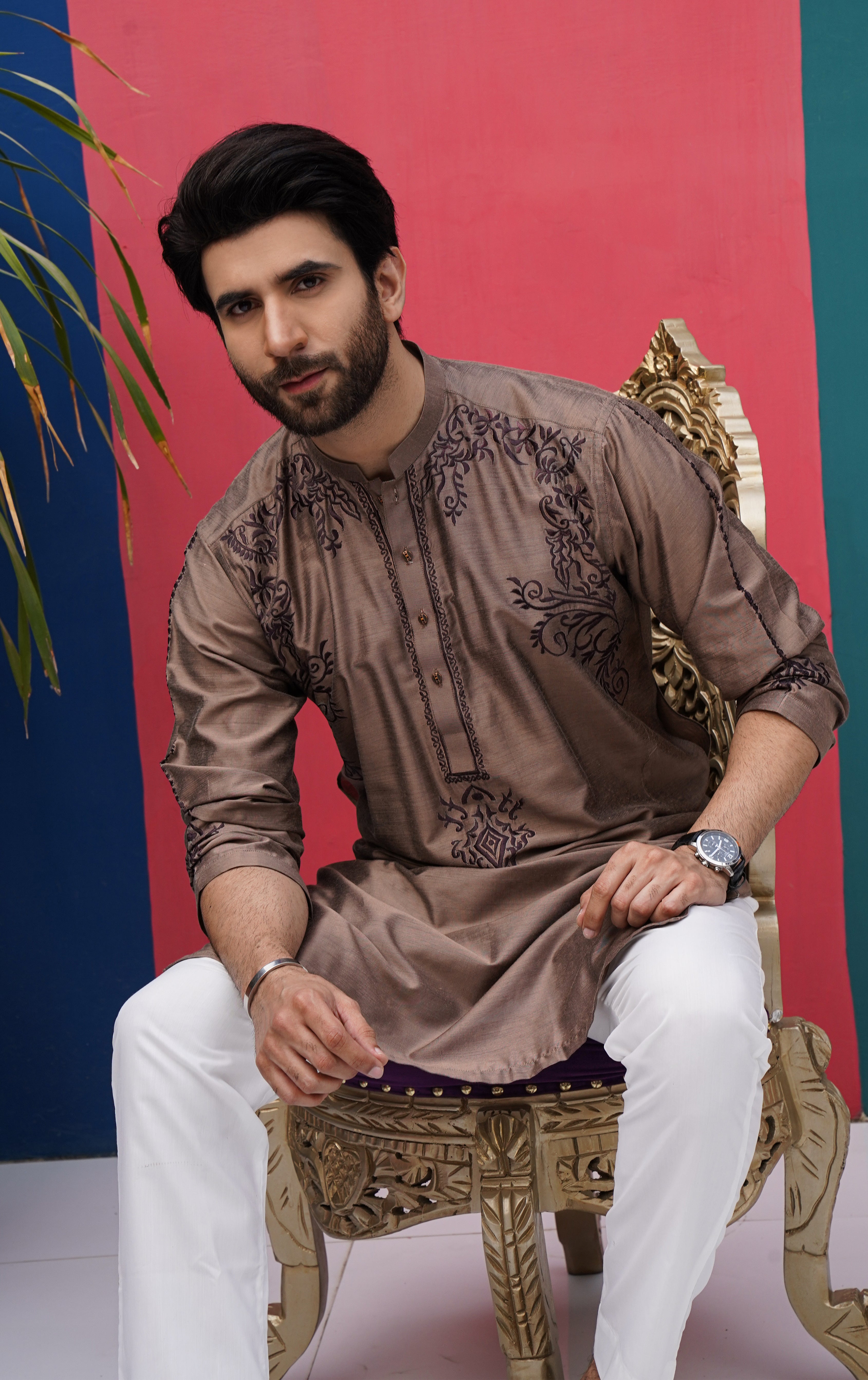 Metallic Brown Embroidered Raw Silk Kurta Pajama (2-Piece) - Image 3