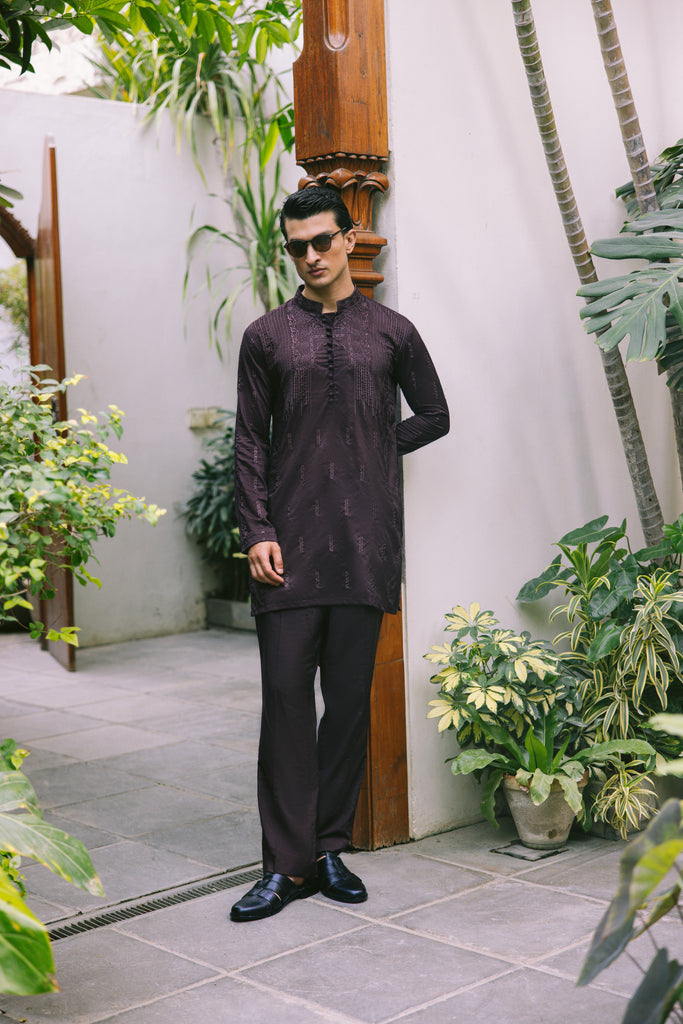 Deep Brown Embroidered Silk-Blend Kurta Set (2-Piece) - Image 1