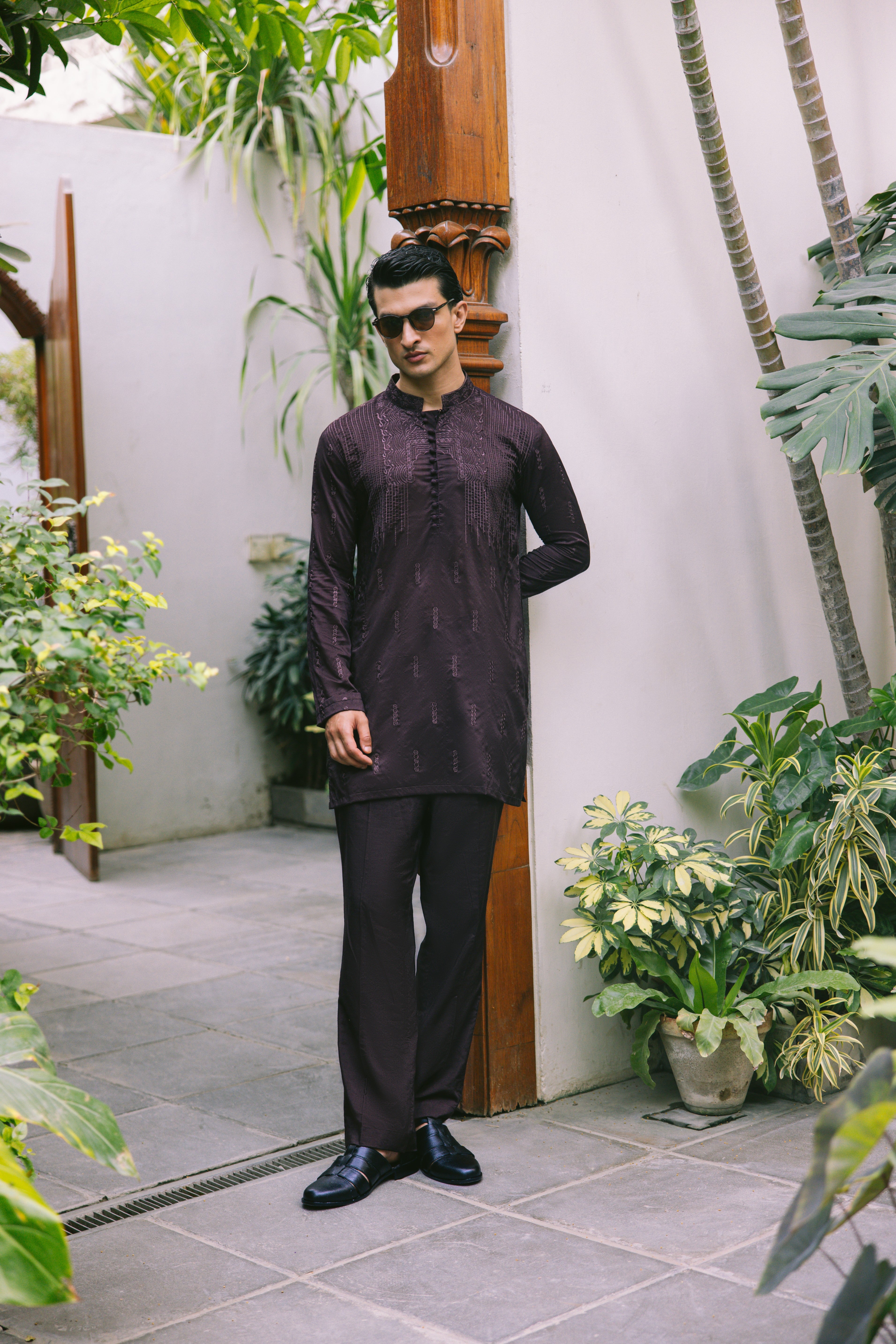 Deep Brown Embroidered Silk-Blend Kurta Set (2-Piece) - Image 2