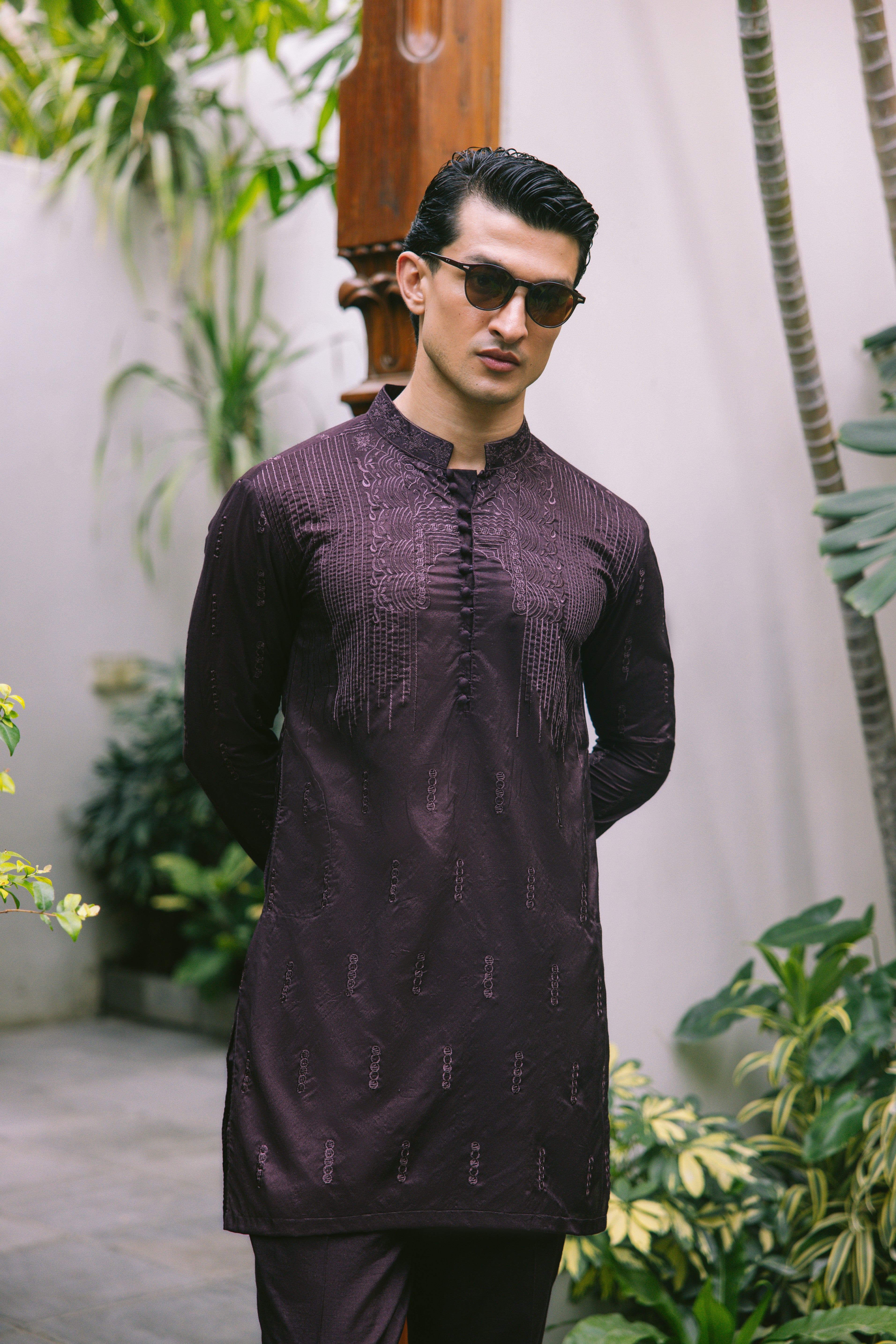 Deep Brown Embroidered Silk-Blend Kurta Set (2-Piece) - Image 3