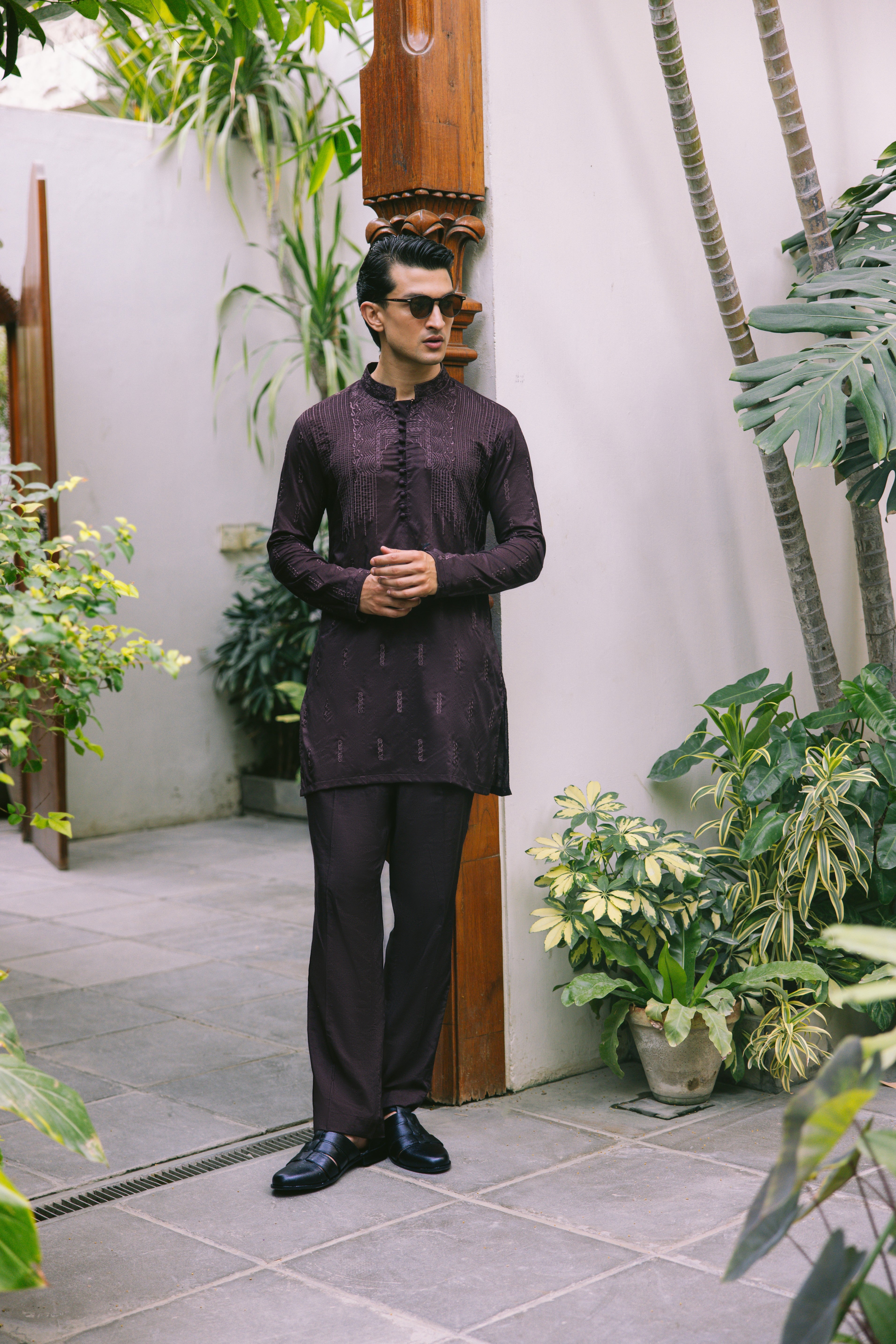 Deep Brown Embroidered Silk-Blend Kurta Set (2-Piece) - Image 6