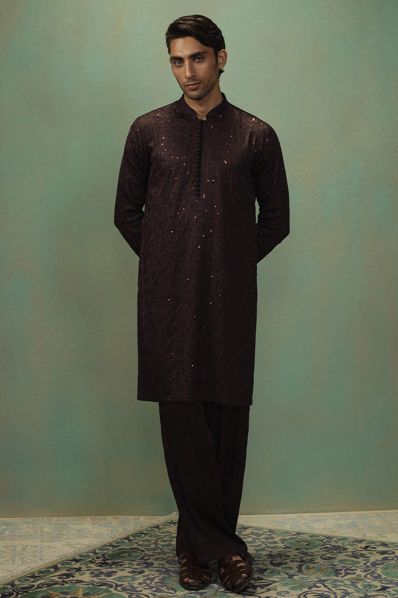 Dark Brown Embroidered Silk Blend Kurta Pajama (2-Piece) - Image 1
