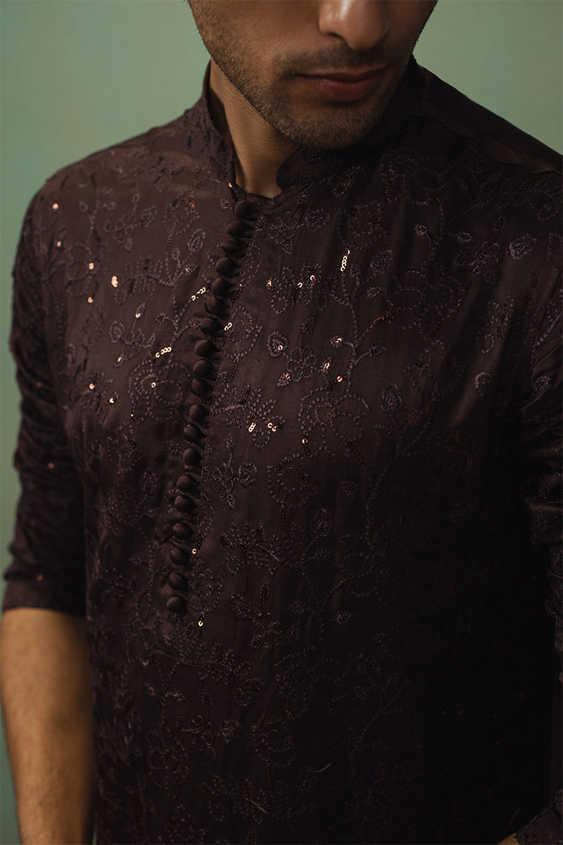 Dark Brown Embroidered Silk Blend Kurta Pajama (2-Piece) - Image 3