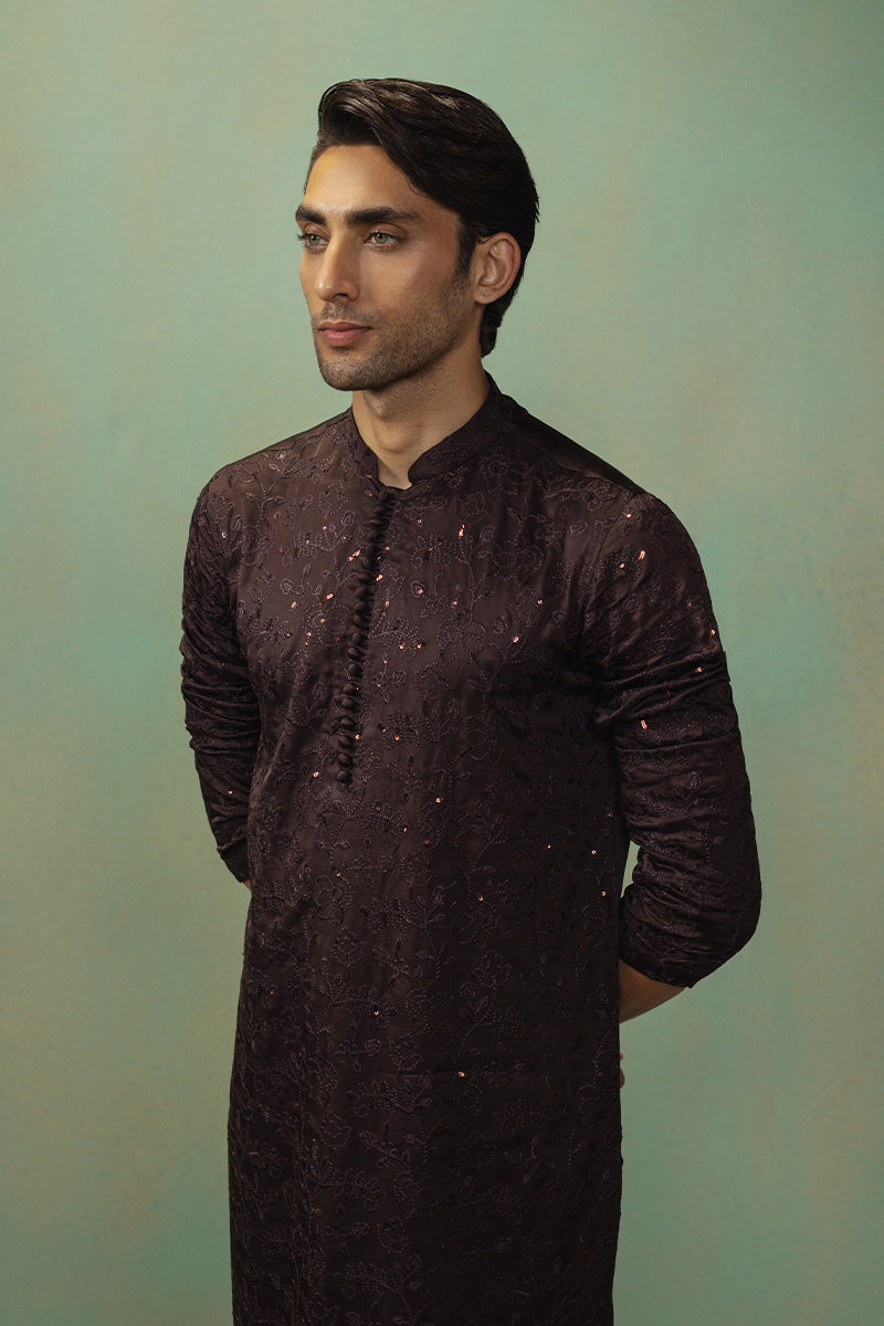 Dark Brown Embroidered Silk Blend Kurta Pajama (2-Piece) - Image 5