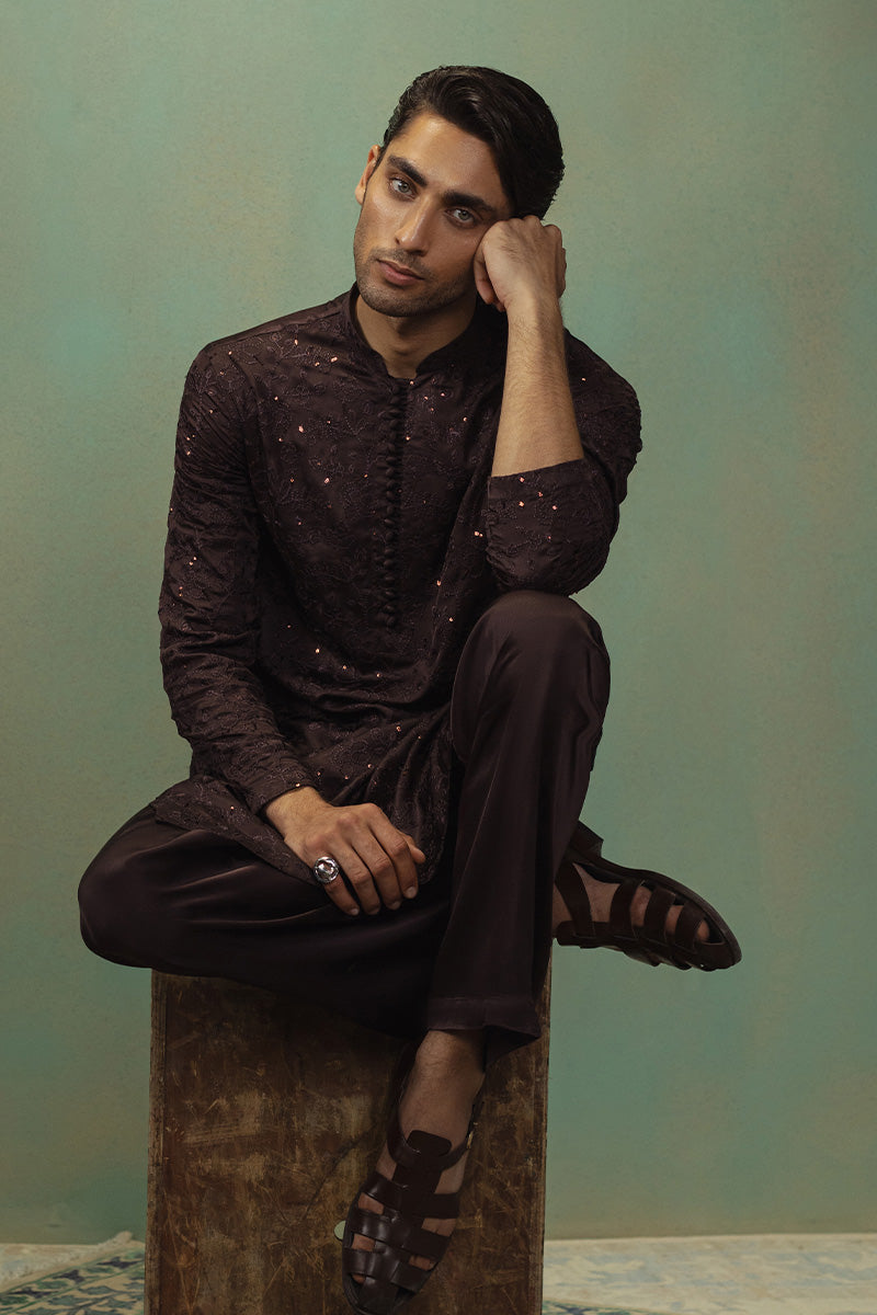Dark Brown Embroidered Silk Blend Kurta Pajama (2-Piece) - Image 6