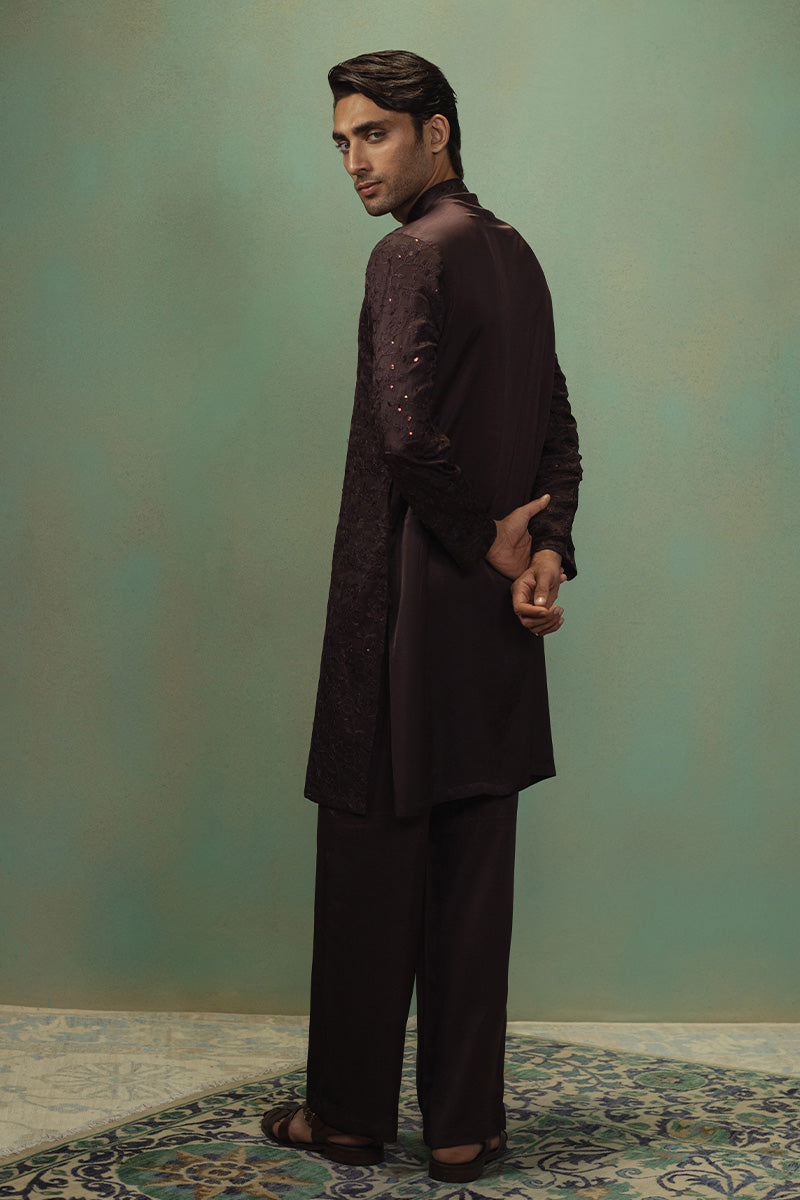 Dark Brown Embroidered Silk Blend Kurta Pajama (2-Piece) - Image 7