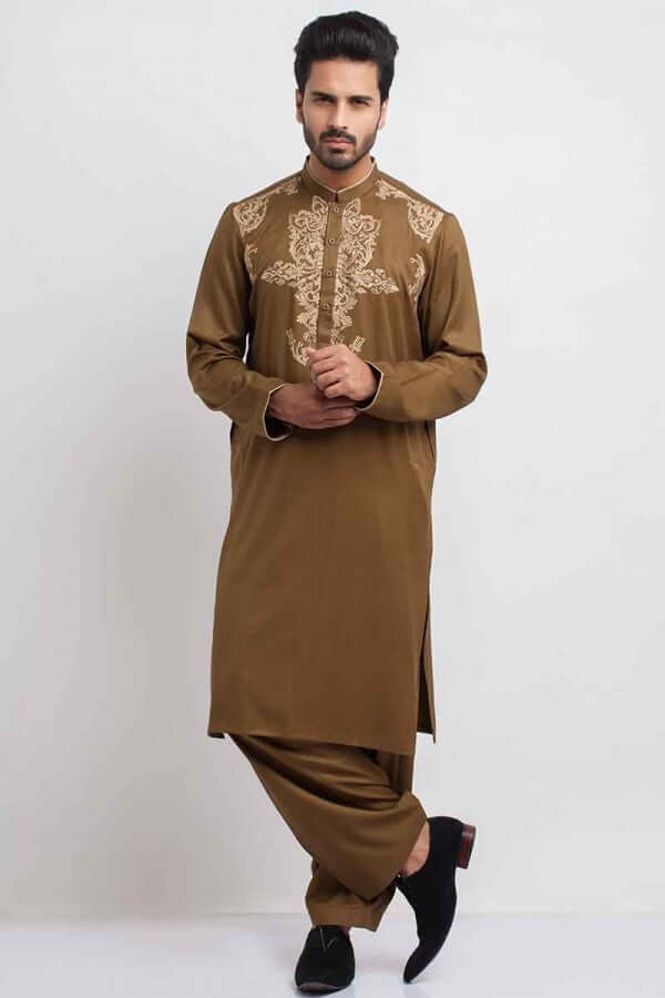 Brown Thread Embroidered Blended Cotton Shalwar Kameez (2-Piece) - Image 1