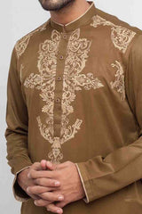 Brown Thread Embroidered Blended Cotton Shalwar Kameez (2-Piece) - Image 4