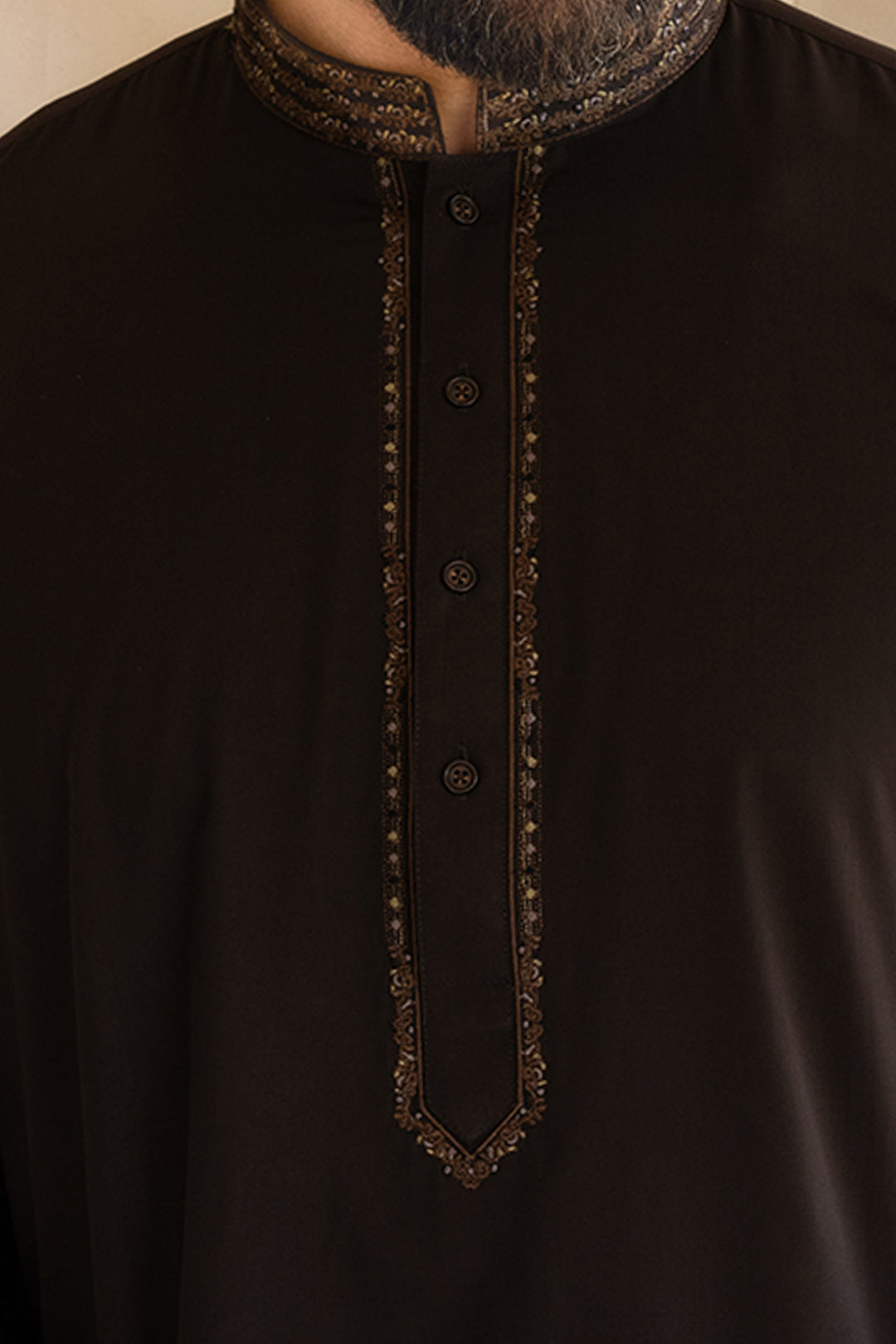 Brown Embroidered Blended Fabric Shalwar Kameez (2-Piece) - Image 3