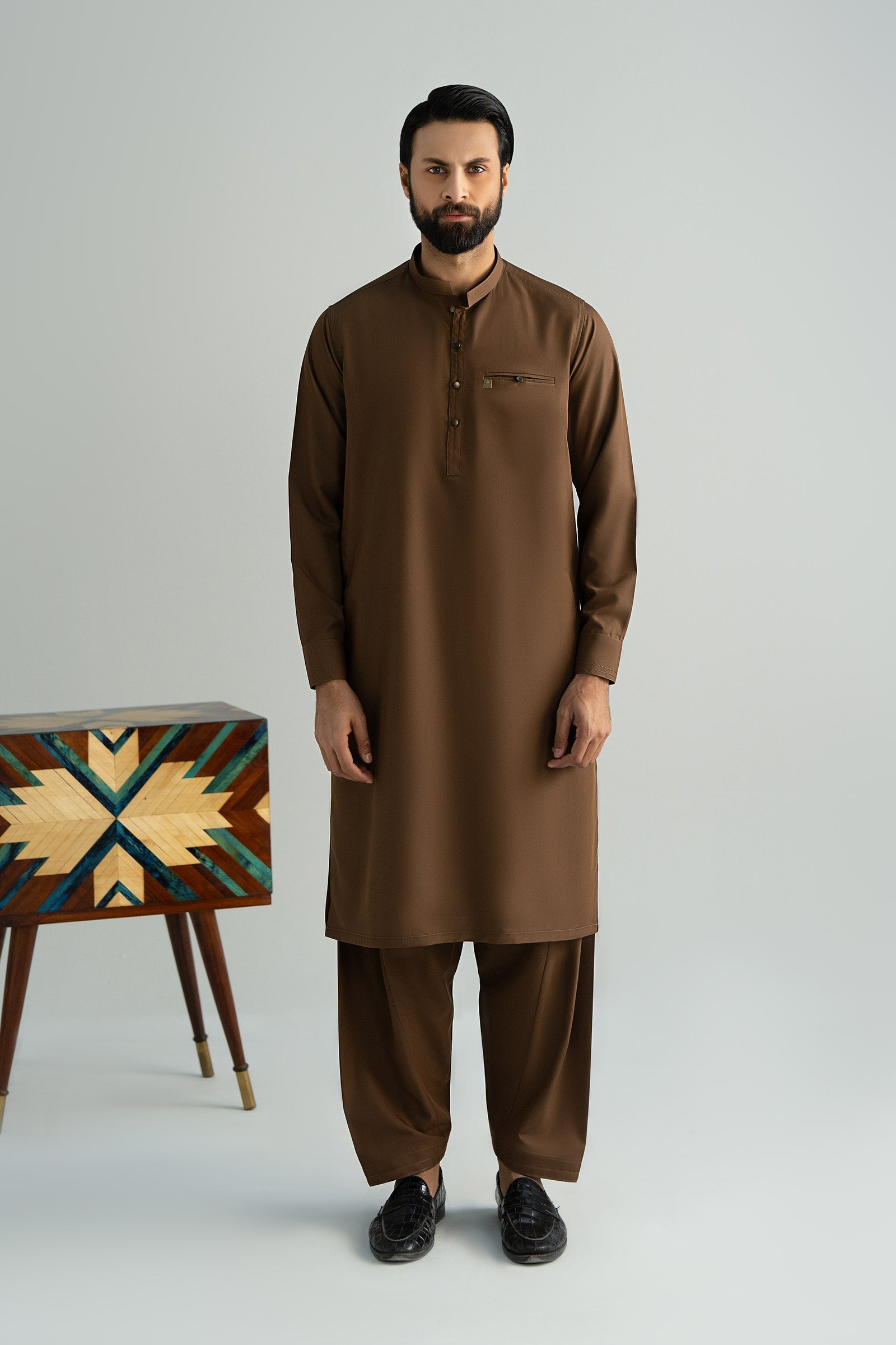Chocolate Brown Blended Kurta Shalwar (2-Piece) - Image 1