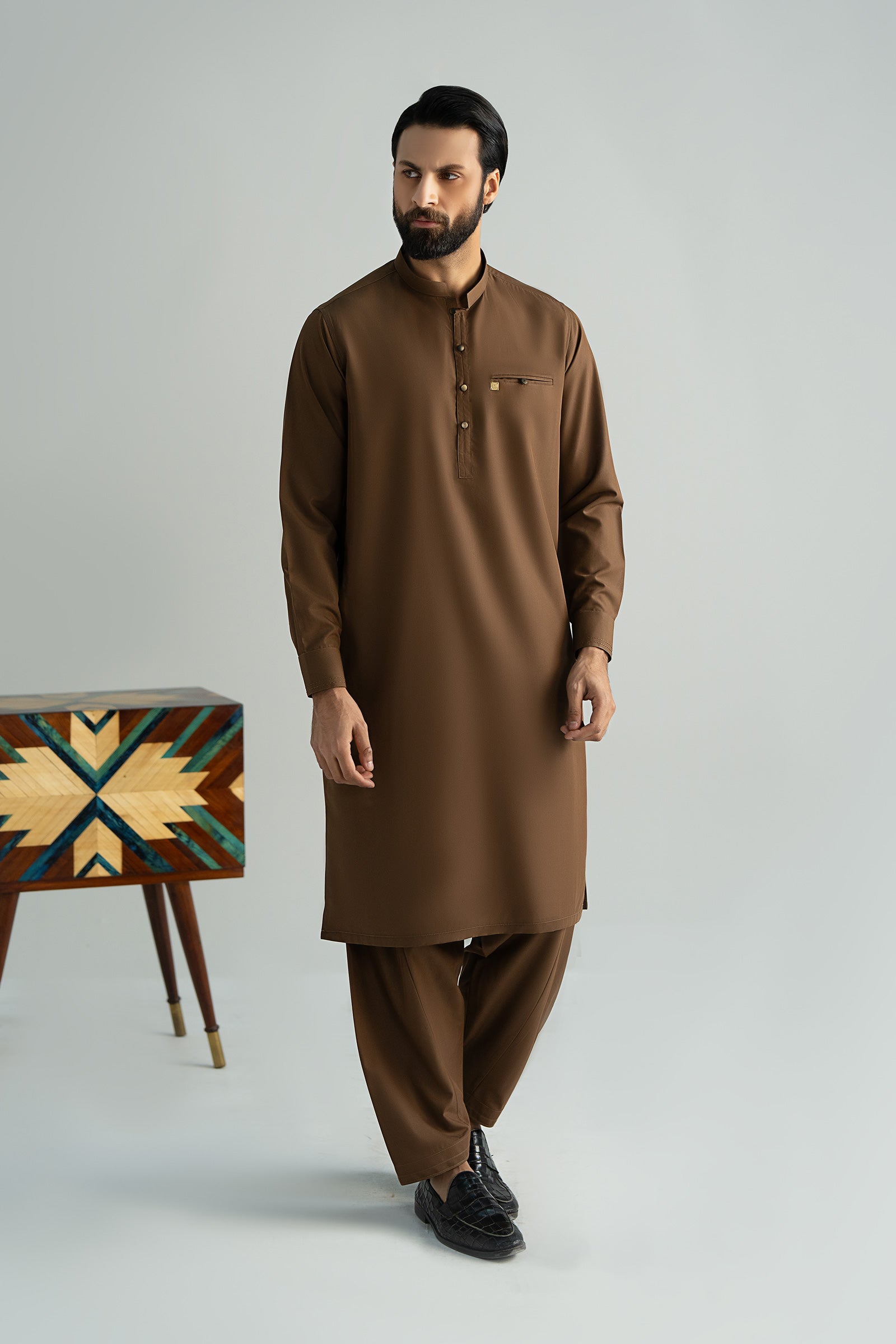 Chocolate Brown Blended Kurta Shalwar (2-Piece) - Image 2