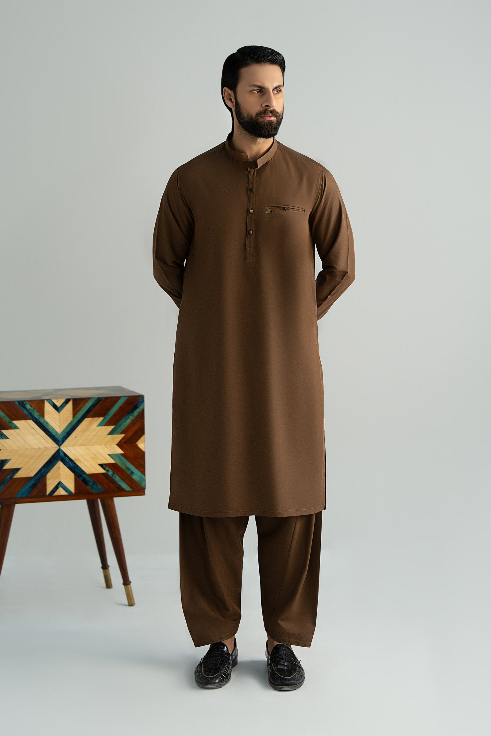 Chocolate Brown Blended Kurta Shalwar (2-Piece) - Image 3