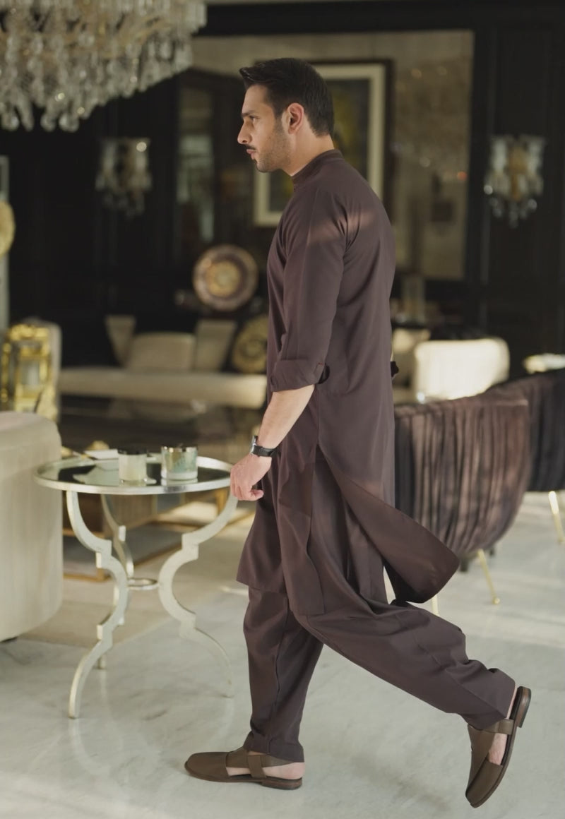 Dark Brown Blended Fabric Kurta Shalwar (2-Piece) - Image 3