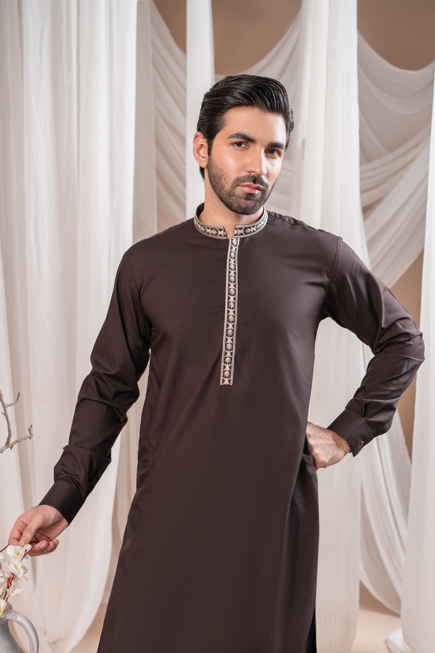 Dark Brown Embroidered Blended Kurta Shalwar (2-Piece) - Image 1