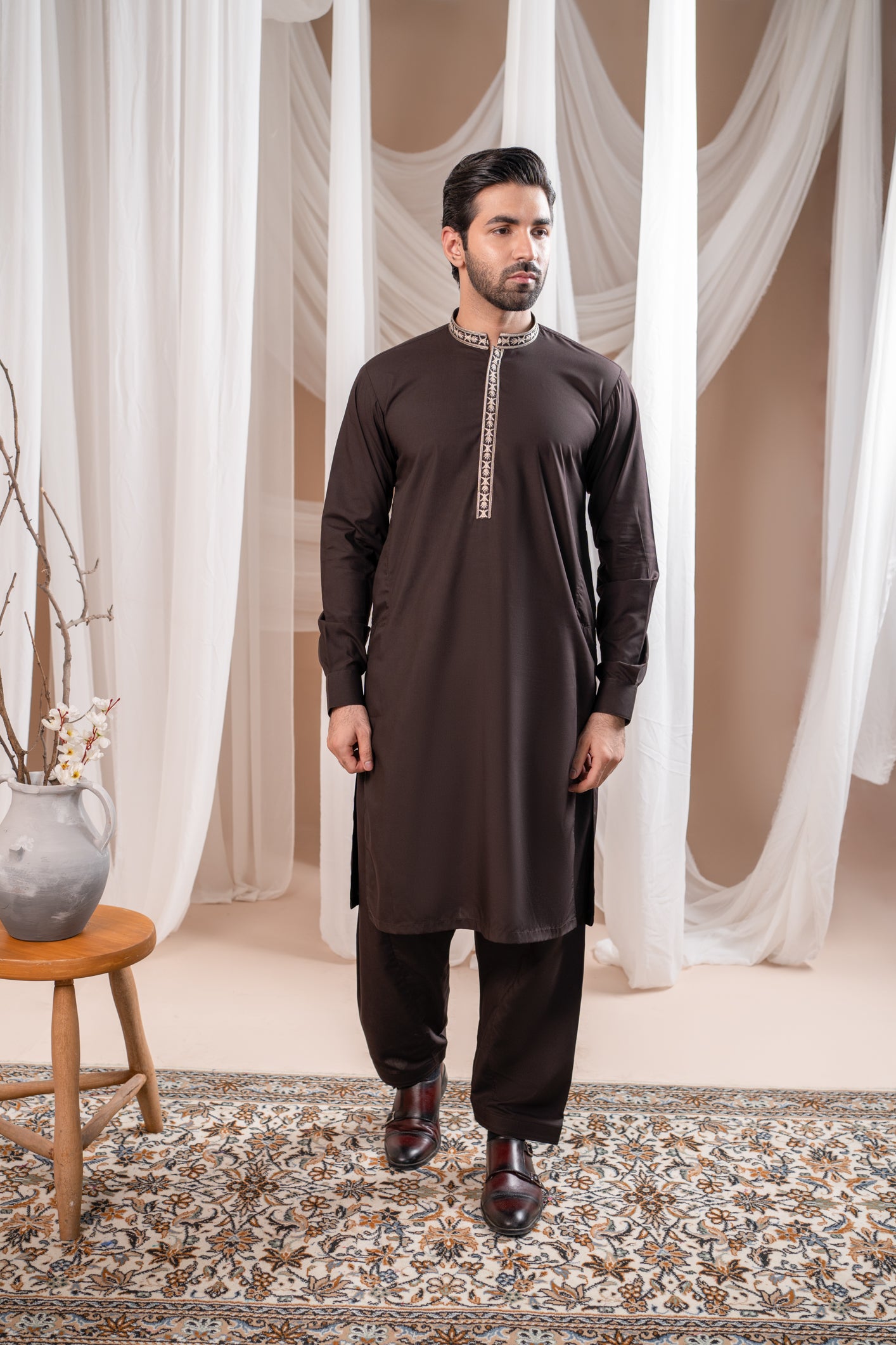 Dark Brown Embroidered Blended Kurta Shalwar (2-Piece) - Image 2